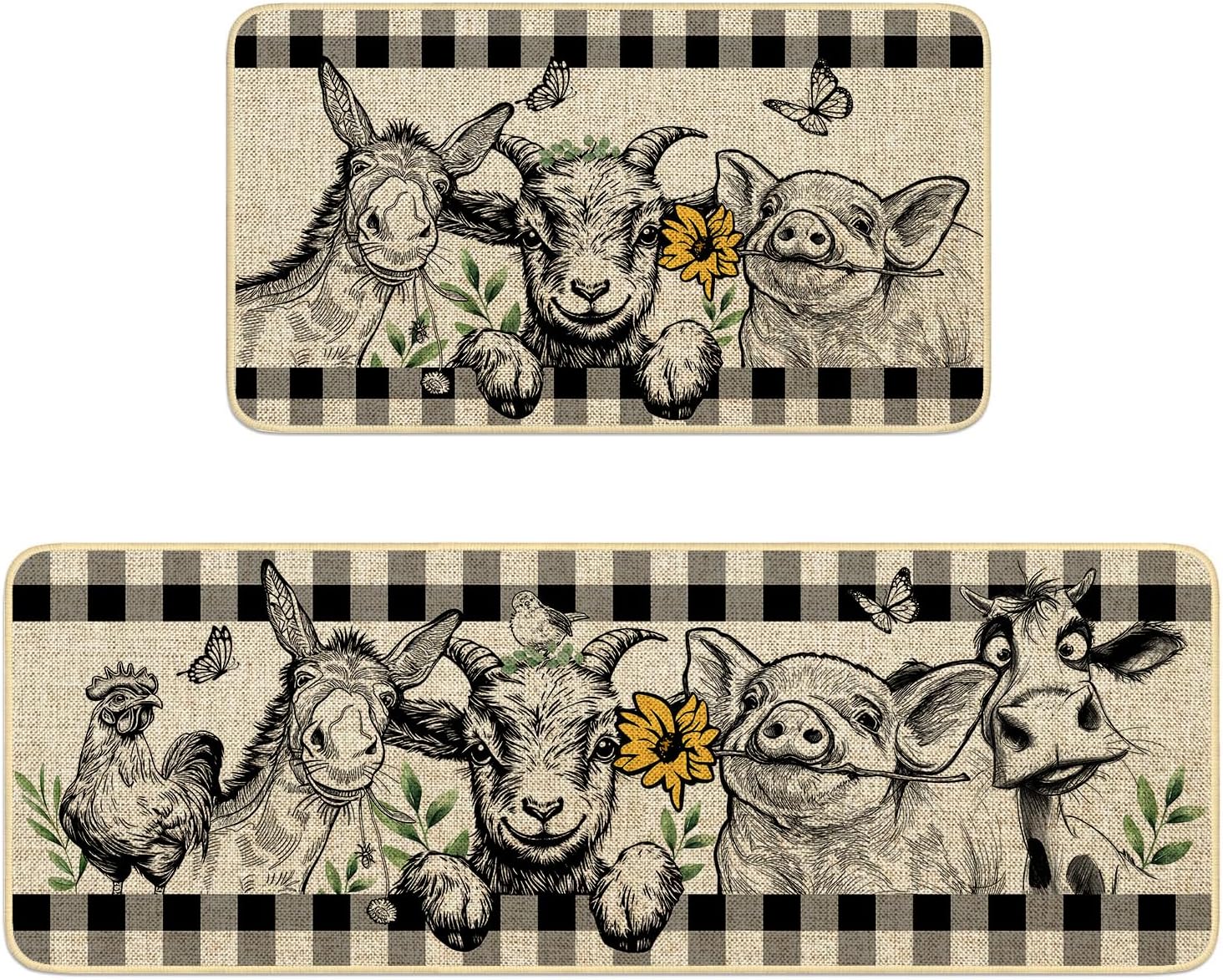 Farmhouse Kitchen Rugs Set of 2,Farm Pig Goat Rooster Highland Cow Horse Kitchen Mats for Floor, Animals Grey Non Slip Sink Laundry Rug Kitchen Home Decor Doormat+Runner Rug