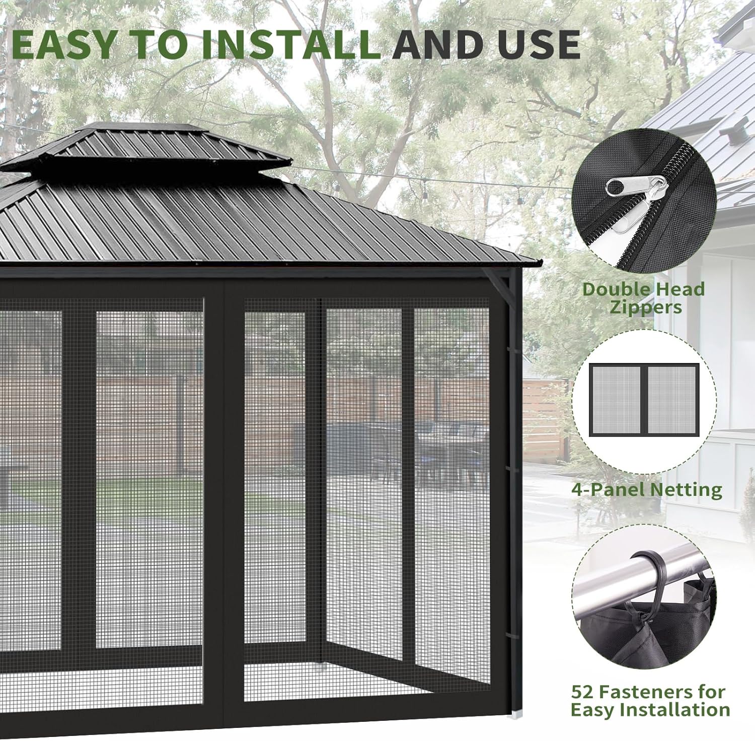 Gazebo Universal Replacement Mosquito Netting, 10' x 12' Outdoor Canopy Net Screen 4-Panel Sidewall Gazebo Curtains, with Zippers, Easy to Install, Fit for Most Gazebos 10x12 Canopy, Patio（Black）