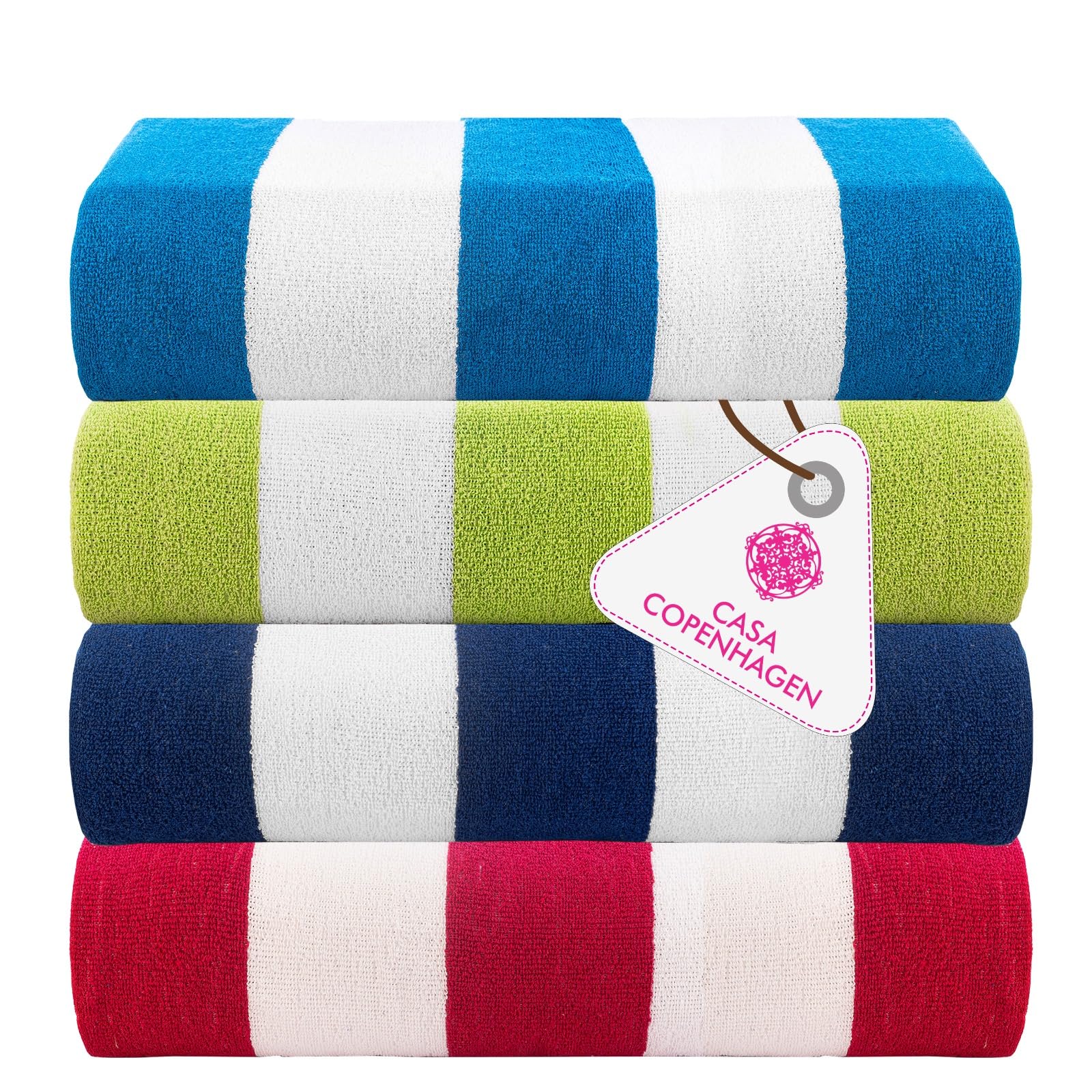 CASA COPENHAGEN Cabana Beach Towels, Rough and Tough, Quick Dry, for Pool, Bath and Shower, 30" x 60", 4 Piece Set of Cotton Beach Bath Towels - Turquoise, Royal Blue, Pink, Green