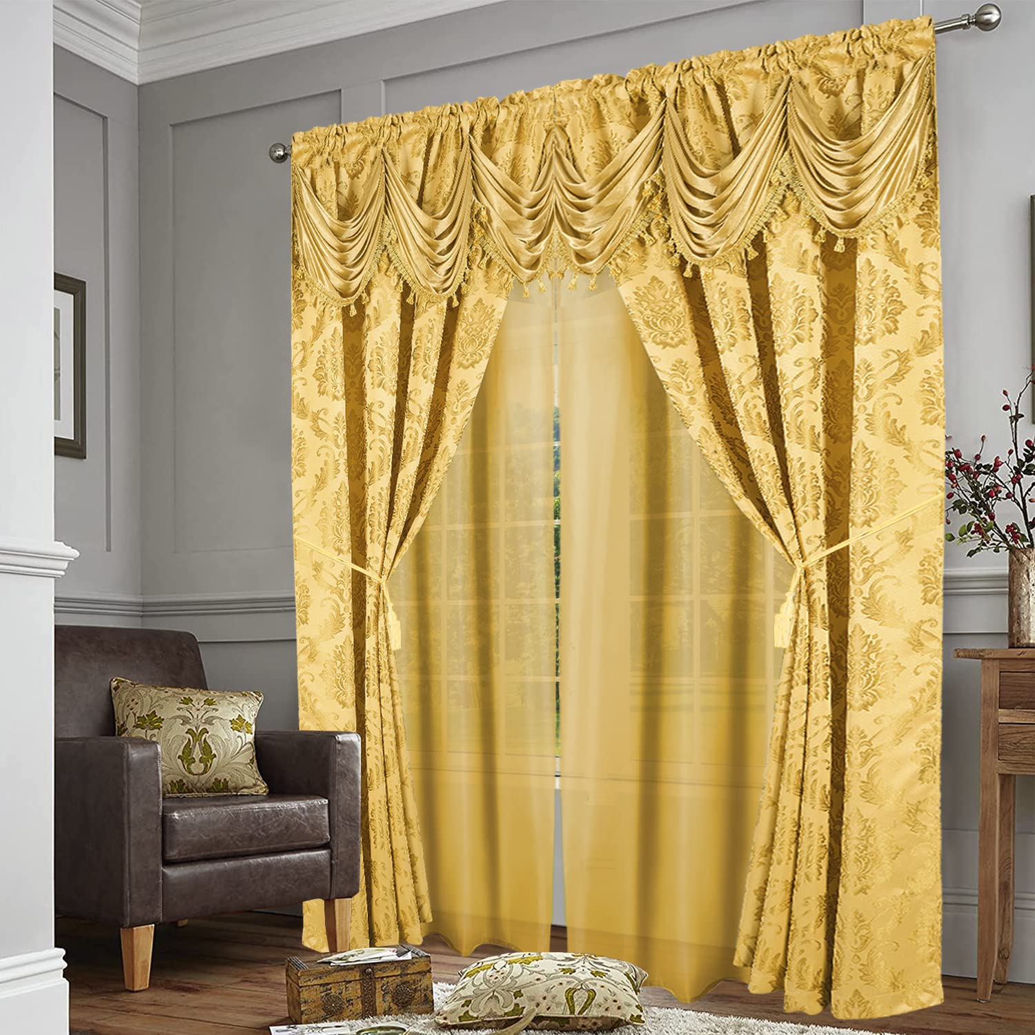 DreamField Linen Lot de 2 Rideaux de fenêtre Fantaisie avec cantonnière Transparente attachée et 2 embrasses, 137,2 cm de Large x 213,4 cm de Long, Design élégant de Luxe, Parfait pour Salon et