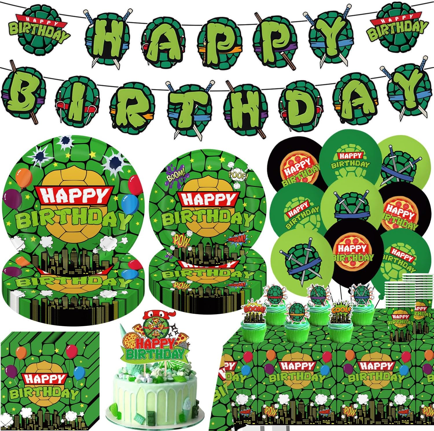 104pcs Birthday Decorations Tableware Set for 20 Guests Include Banner ,Paper Plates of 2 Size,Napkins and Paper Cups,Cake Topper,Balloons and Plastic Tablecloth