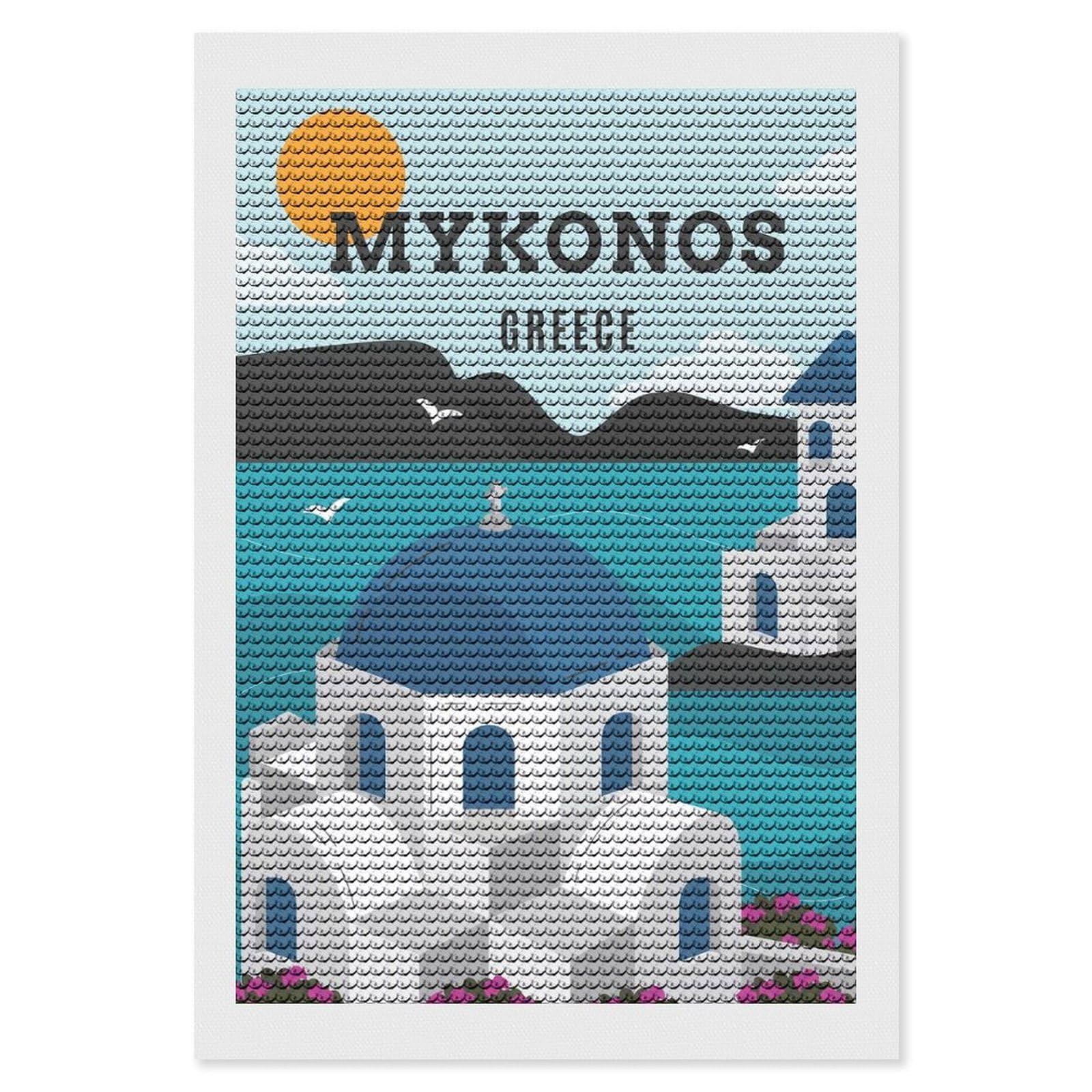 Junmoney Mykonos Greece Diamond Painting Canvas Kit 8"x12", Adhesive Canvas, Living Room Decor, Farmhouse Decor, Winter Craft