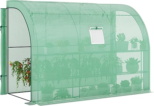 Outsunny 10' x 5' x 7' Inclinarse al invernadero, casa verde sin cita previa, vivero de plantas con 2 puertas y ventanas enrollables, cubierta de