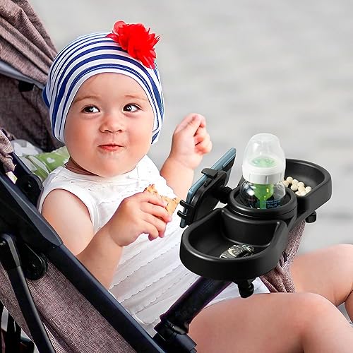 Miniatura 7 de Bandeja universal para refrigerios para cochecito 4 en 1 con clip para cochecitos y soporte para teléfono, soporte para teléfono, bandeja doble