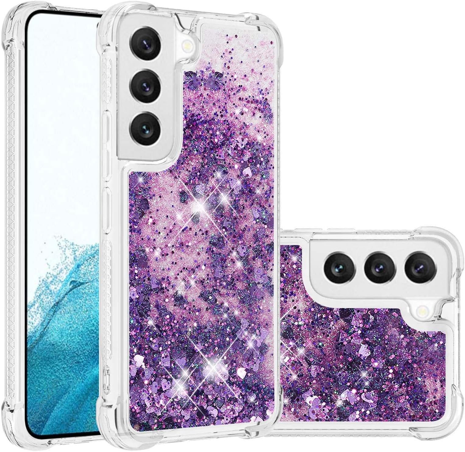 Weshop Glitter Case for Samsung Galaxy S22 Plus, Dynamic Liquid Quicksand Shockproof Bling Love Sparkle Soft Clear TPU Gel Protective Cover (Purple)