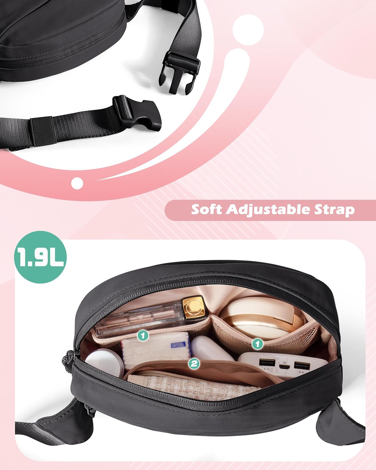 Fanny Pack for Women, Crossbody Sling Bag Waist Bag with Multiple Pockets and Adjustable Strap, Black - Image 2