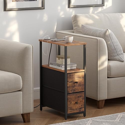 Miniatura 4 de TUTOTAK Mesa auxiliar estrecha pequeña con estación de carga, juego de 2, mesa auxiliar con tomas, mesita de noche con 2 cajones de tela, mesa de