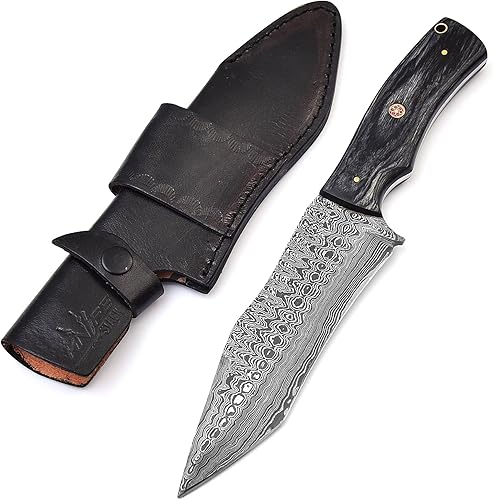 Miniatura 2 de Cuchillo de caza hecho a mano de Damasco para acampar al aire libre 11 pulgadas hoja fija de acero de Damasco con mango de madera de Pakkawood negro