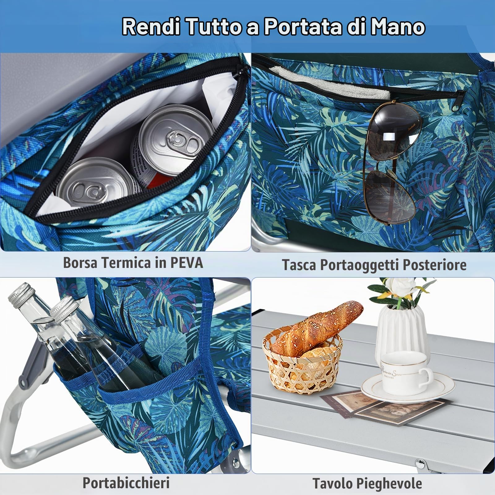 KOMFOTTEU Set di 2 Lettini Prendisole Pieghevoli e Tavolino, Lettini da Spiaggia con Poggiatesta e Schienale Regolabile, Sedie Sdraio Portatile con Borse Laterali per Giardino, Piscina (Blu Marino)