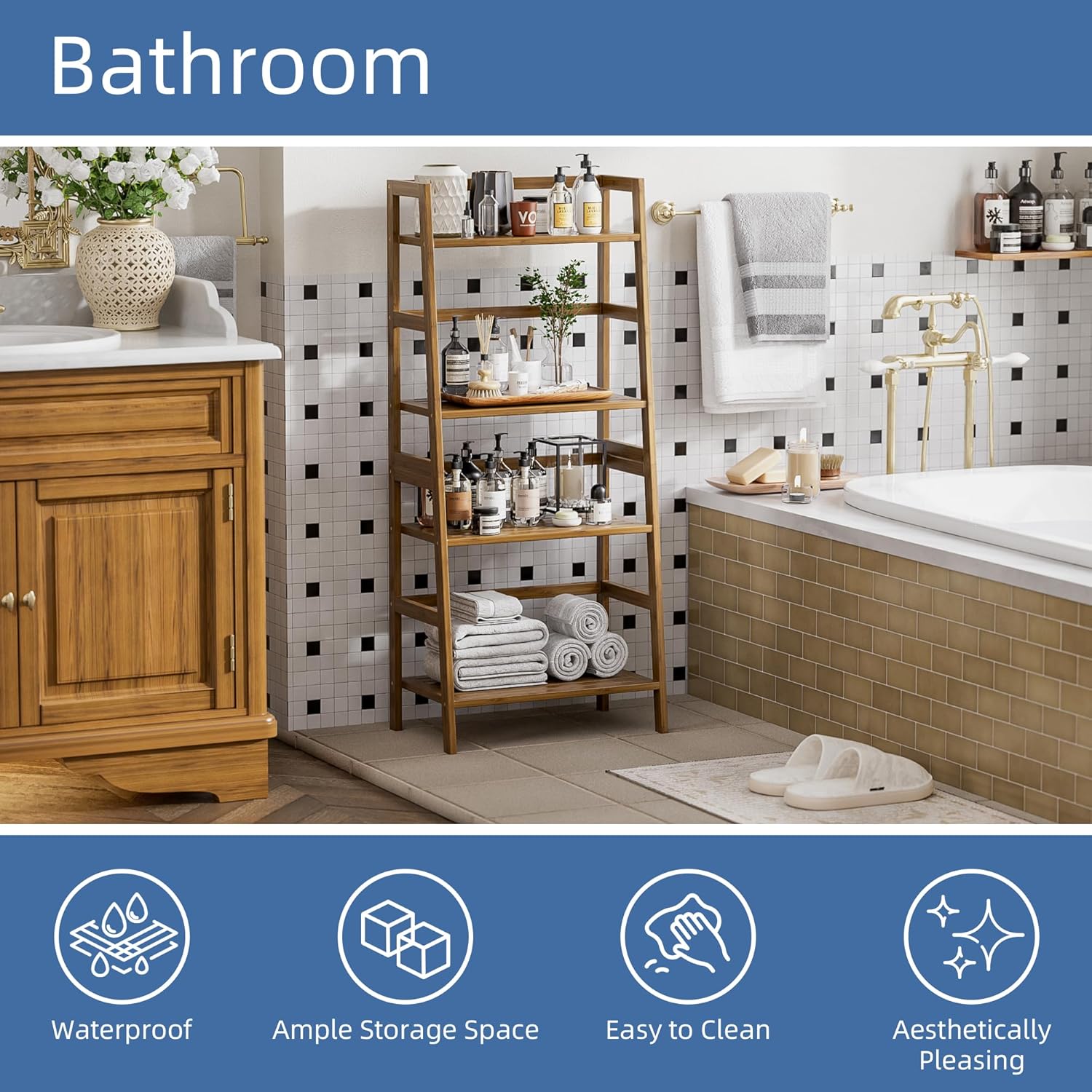 HITNET Ladder Shelf, 4-Tier Bamboo Bookshelf, Freestanding Open Display Storage Rack, Space Saving Flower Plant Display Stand for Bathroom Living Room, Walnut