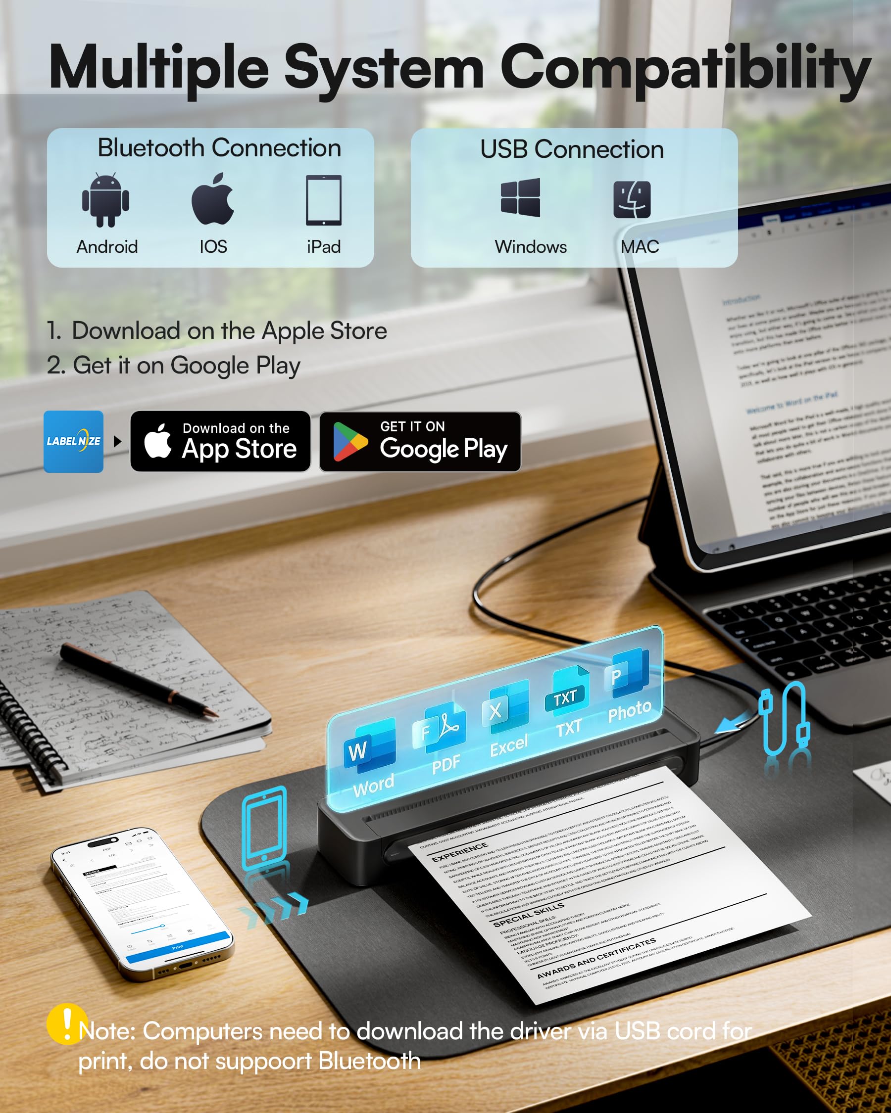 D90E Stampante Termica A4 Portatile Bluetooth, senza inchiostro per etichette e documenti, compatibile iOS/Android/Windows/Mac, custodia + 10 fogli- Nero