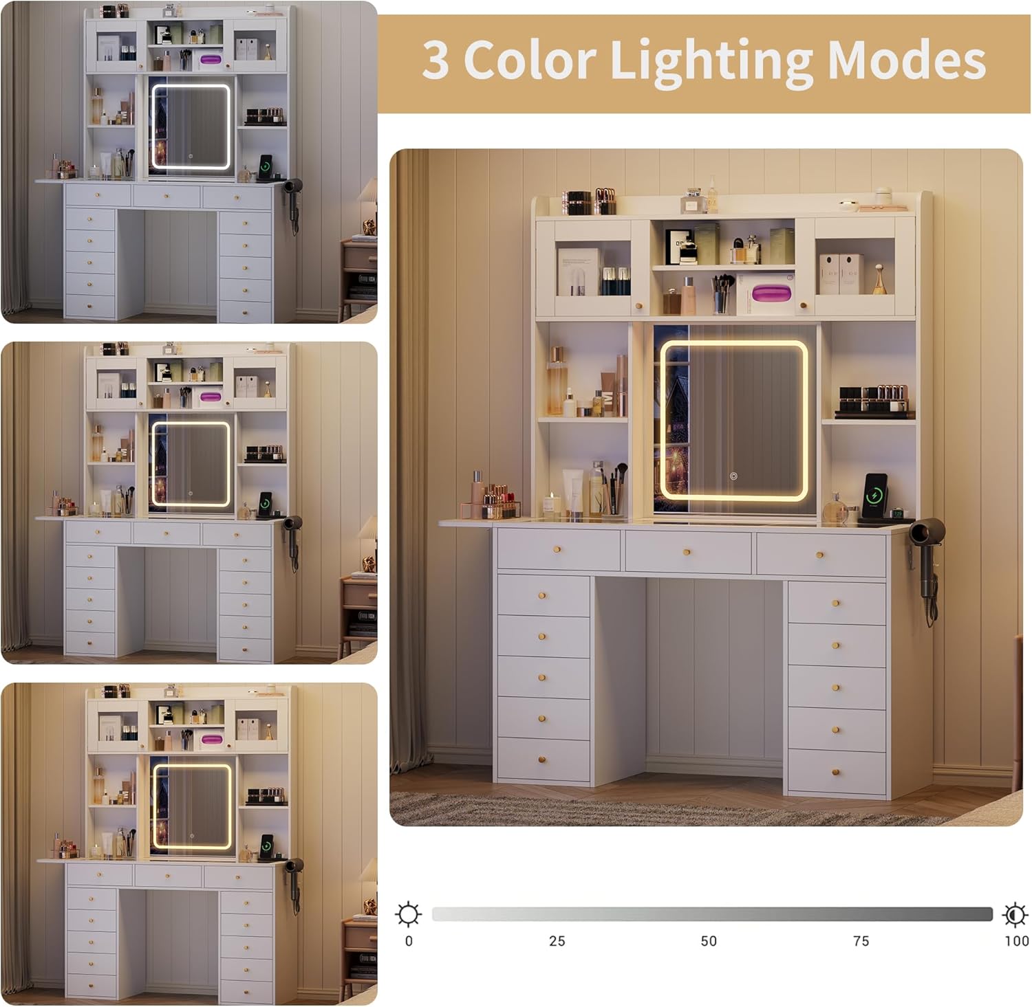 Vanity Desk with Mirror and Light, 47.2''W White Makeup Vanity with Glass Top and 13 Drawers, Fold-up Panel, Modern Vanity Table Set with Stool for Women Girls