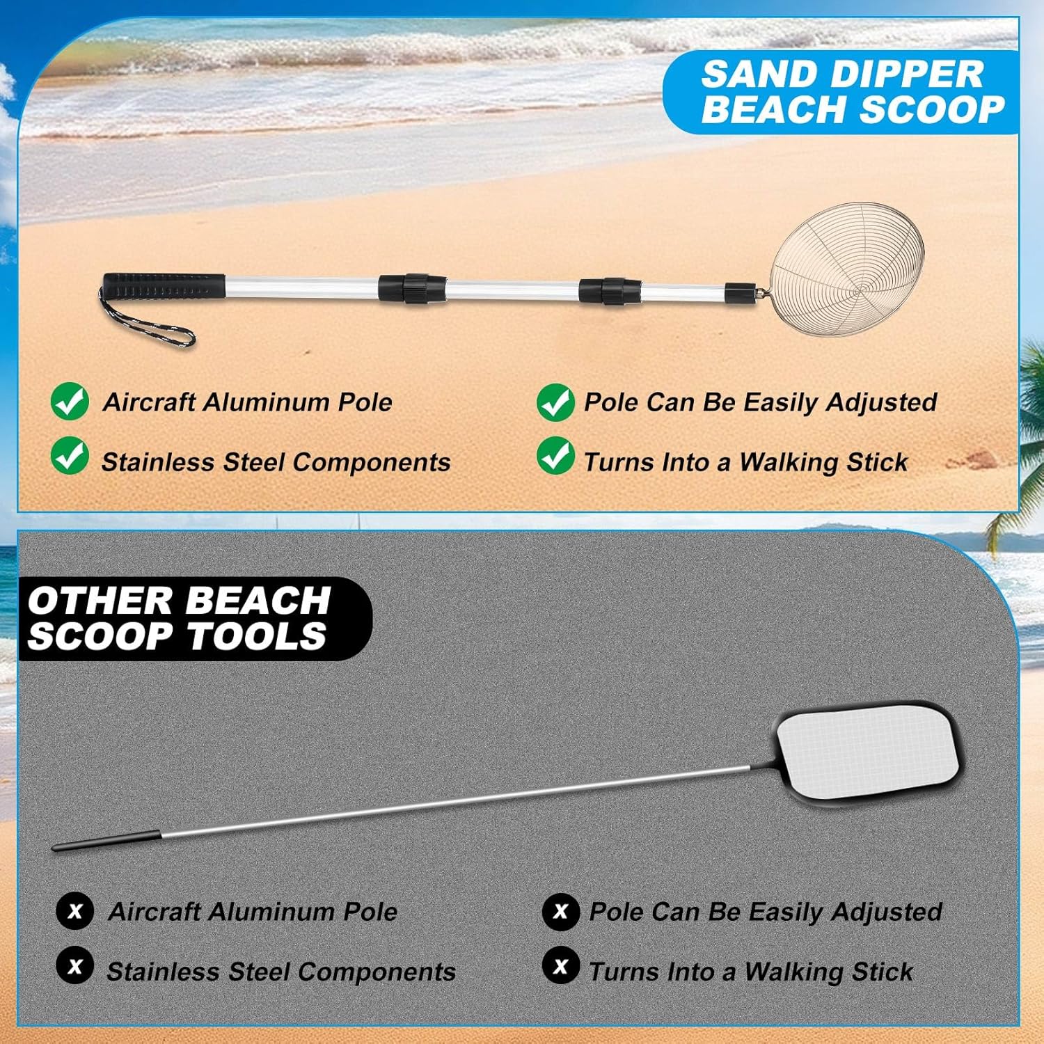 2 Pcs Full Size Beach Scoop Shovel Adjustable from 35" to 64" Sand Sifter for The Beach Sand Shovel Include 4. 5" and 6. 1" Basket Reliable Sifter Tool for Beachcombing Walking Hiking