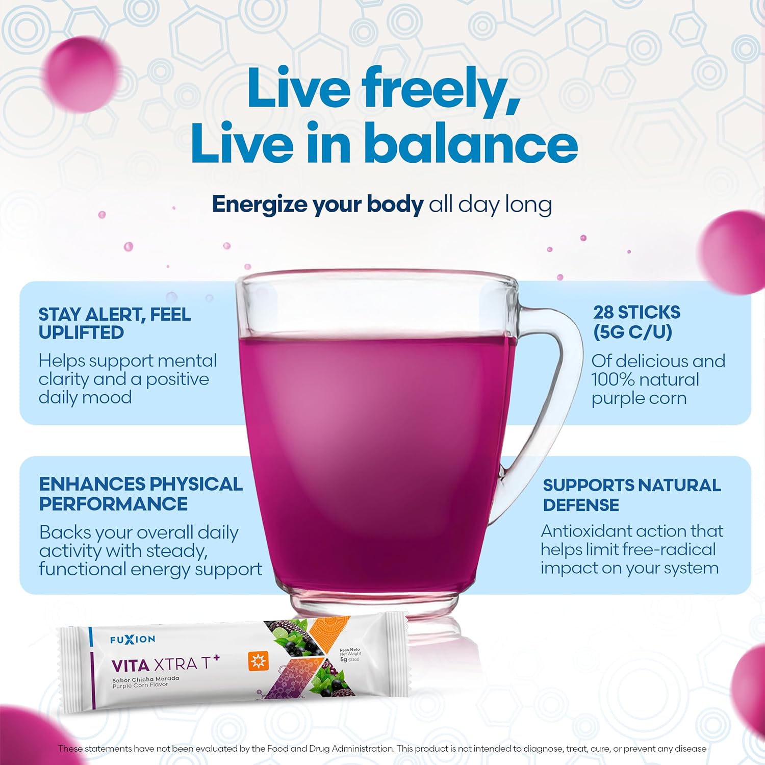 FuXion | Vita Xtra T+ | Energy Drink Powder | Energy Support | Multimineral and Multivitamin Powder Drink | Provides Physical Energy and Vitality | Powerful Antioxidants | Purple Corn Flavor | 28u