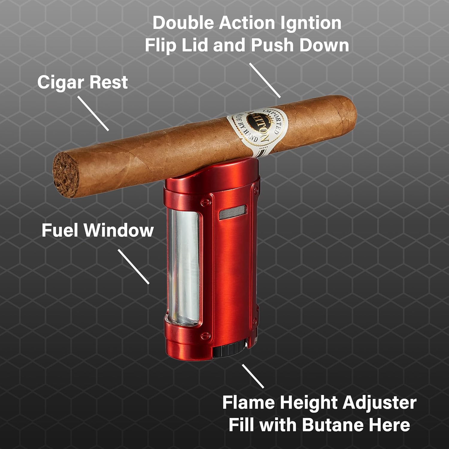 Visol Rhino Butane Torch Quad Flame Refillable Gas Lighter, Built-in Rest, Large Fuel Window, Windproof Adjustable Flame