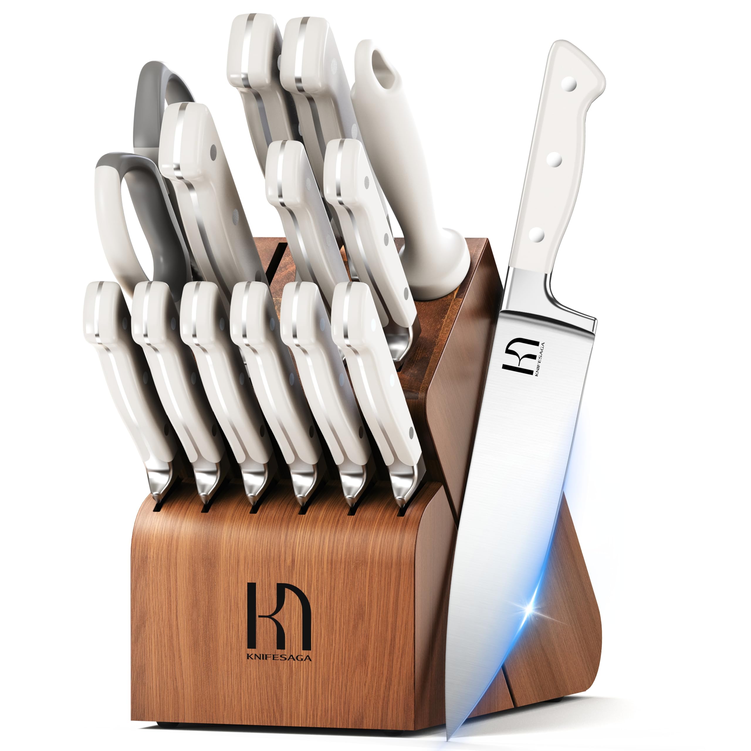 Knife Set, 15 Pcs Kitchen Knife Block Set, Enduring Razor-Sharp Japanese High Carbon Stainless Steel Chef Knife Set with Block and Sharpener, Premium Knives Set for Kitchen, White Acacia