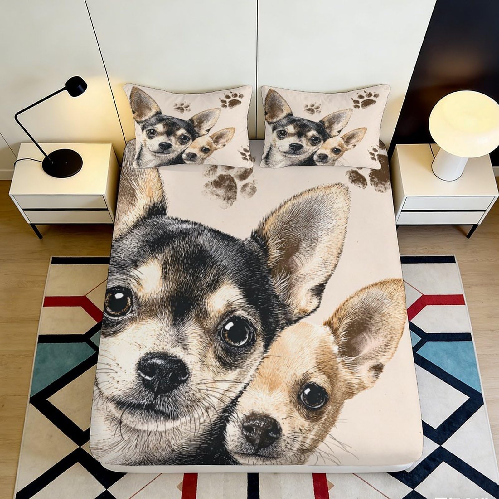 3D Printed Chihuahua Dogs Fitted Sheet Microfiber Soft Breathable Puppy Pattern Bed Cover for Bedroom Dormitory Guest Room Mattress Protection Decor 90x200x25cm