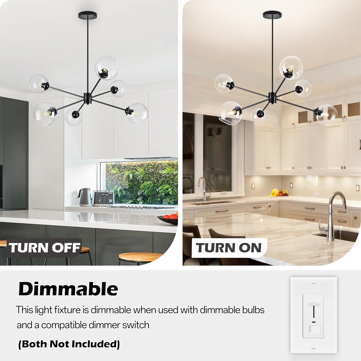KoKo&Yukina 6-Light Globe Sputnik Chandelier Modern Black Sputnik Chandelier Mid Century Pendant Light Matte Black Finished with Clear Globe Glass Lampshade Chandeliers for Dining Room Kitchen Bedroom