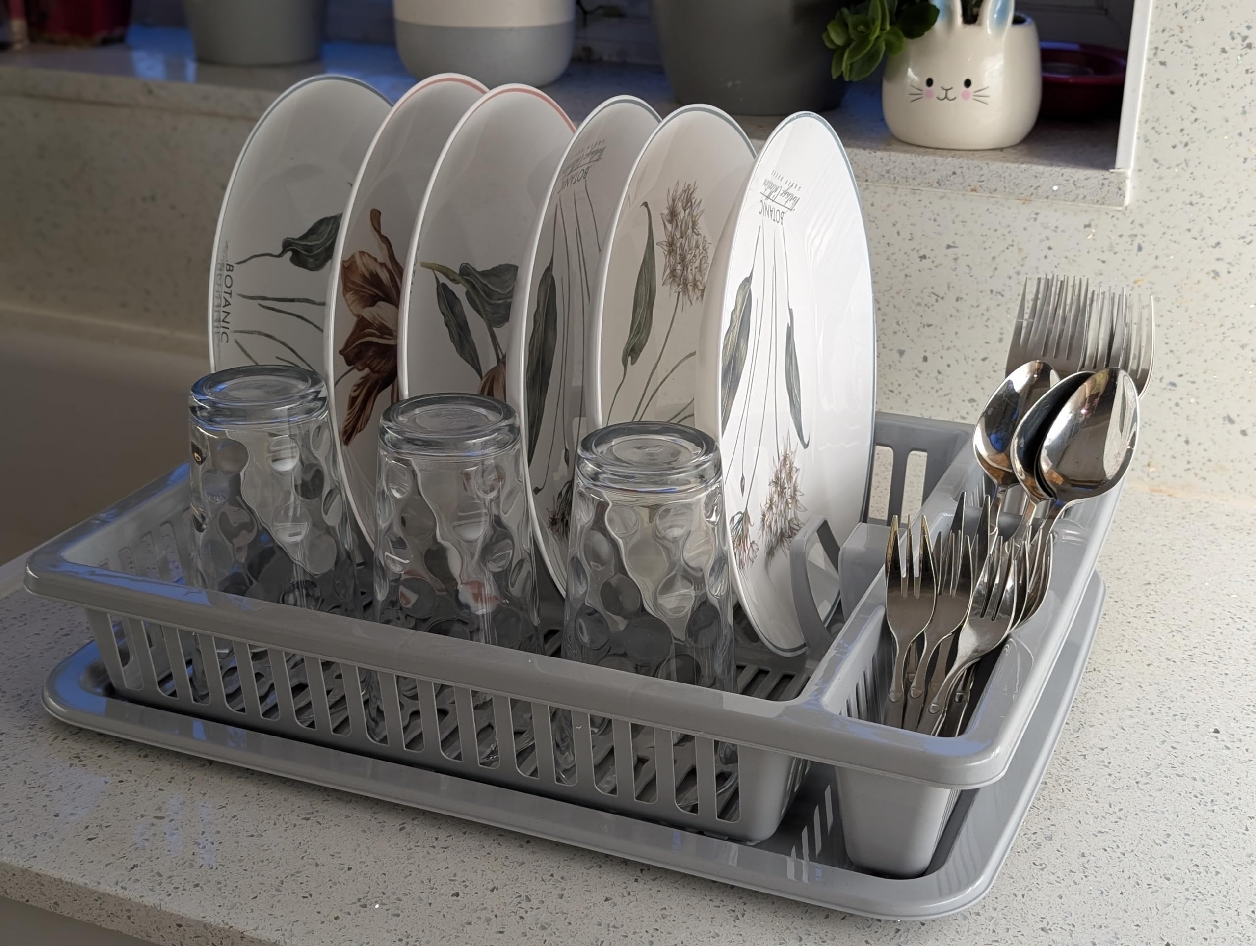 Oms Home Store Grey Plastic Dish Drainer Rack Tray Cutlery Plate Cup Holder (Grey)