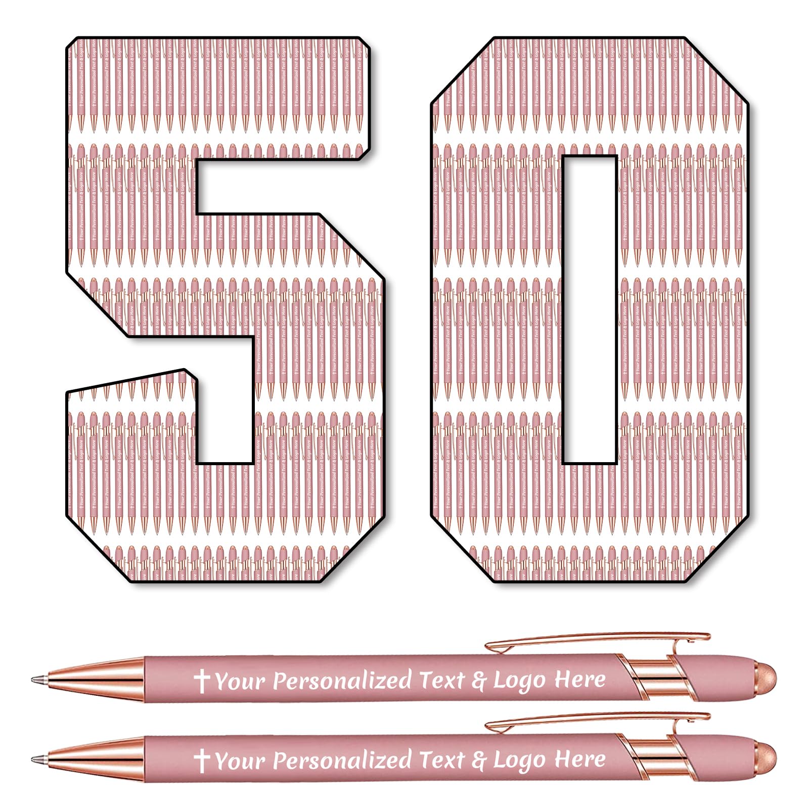 STREADVE 50 Personalised Pen Add Your Own Logo Name Pens Engraved Customised Ballpoint Pen Writing Stylus Pen Custom Wedding Birthday Women Gift Unique Present, Rose Gold