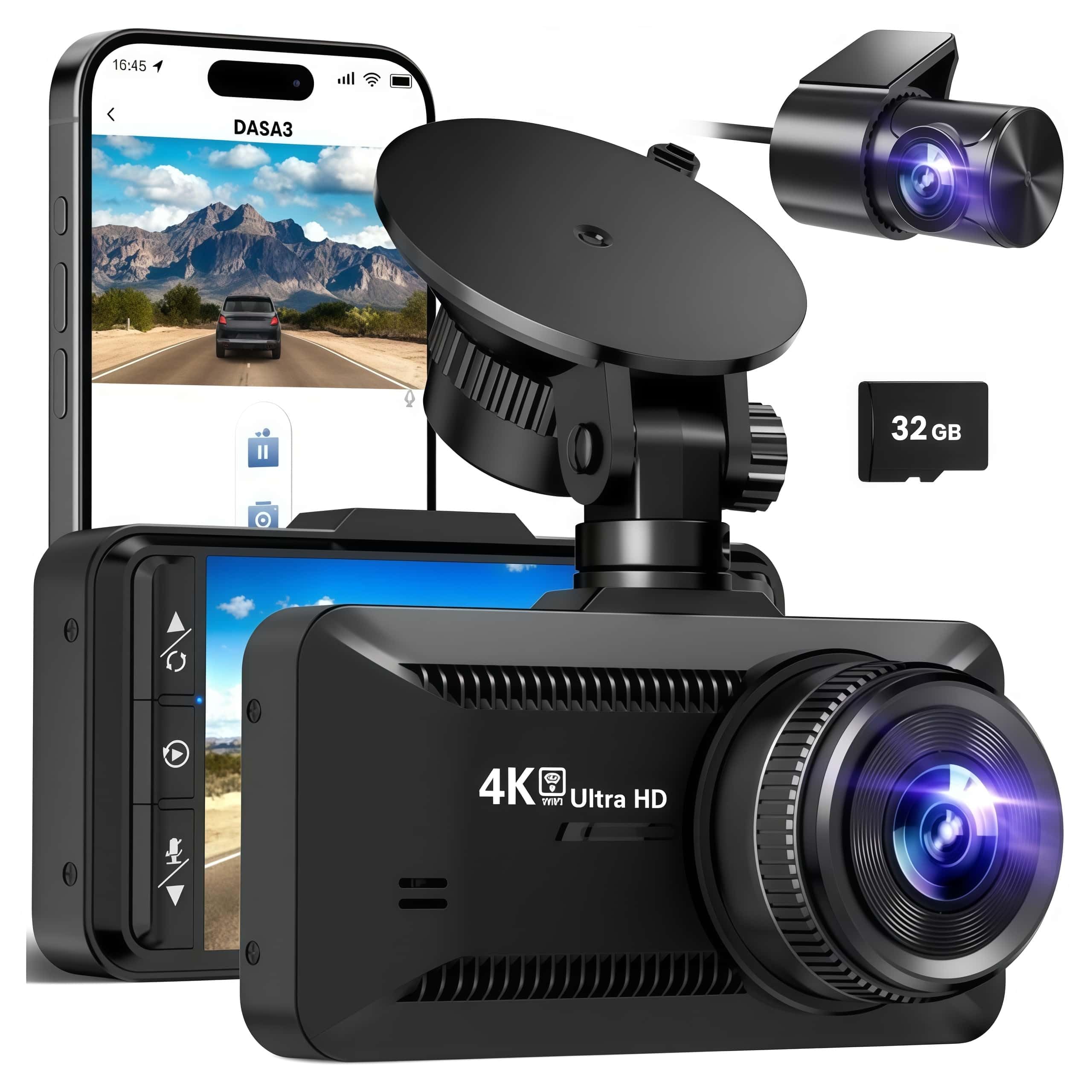 4K Dashcam mit 3,94" Bildschirm/Vorne & hinten/Autokamera mit 170° Weitwinkelansicht/Nachtsicht/Parküberwachung Vorne Und Hinten Mit Parküberwachung Für Unterwegs (Schwarz A,32G)