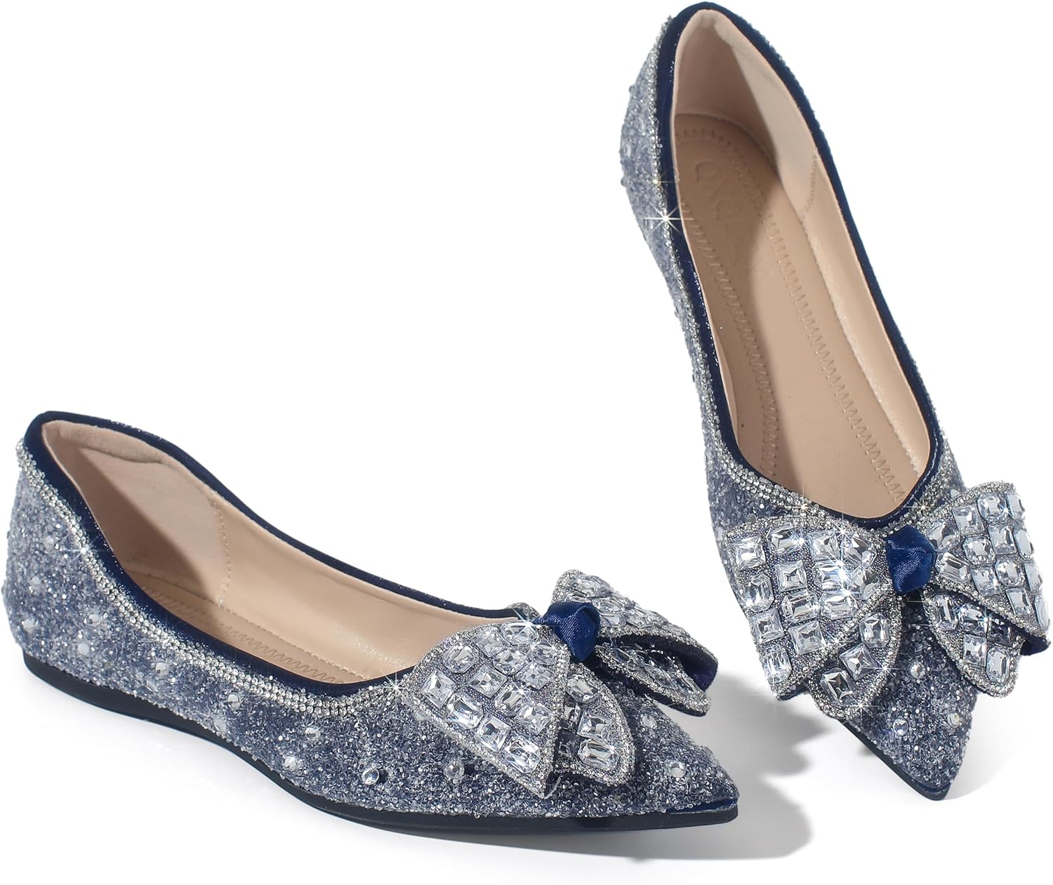 Women's Pointed Toe Flats Diamond Bow Sequin Comfortable Slip On Flats Light Weight Dress Shoes
