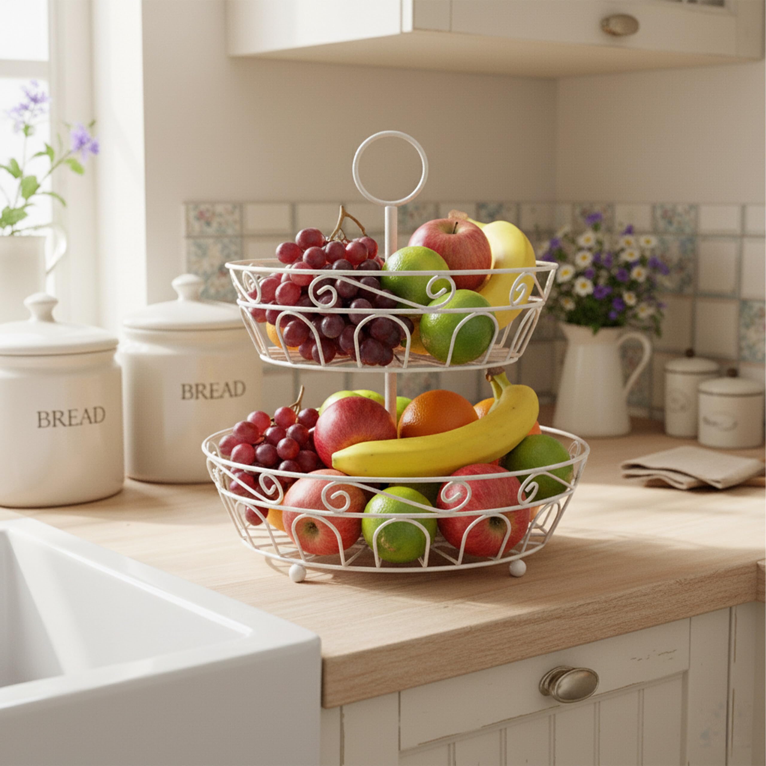 Relaxdays Présentoir à Fruits, 2 Niveaux, métal, H x D : 30 x 31 cm, avec poignée, Blanc