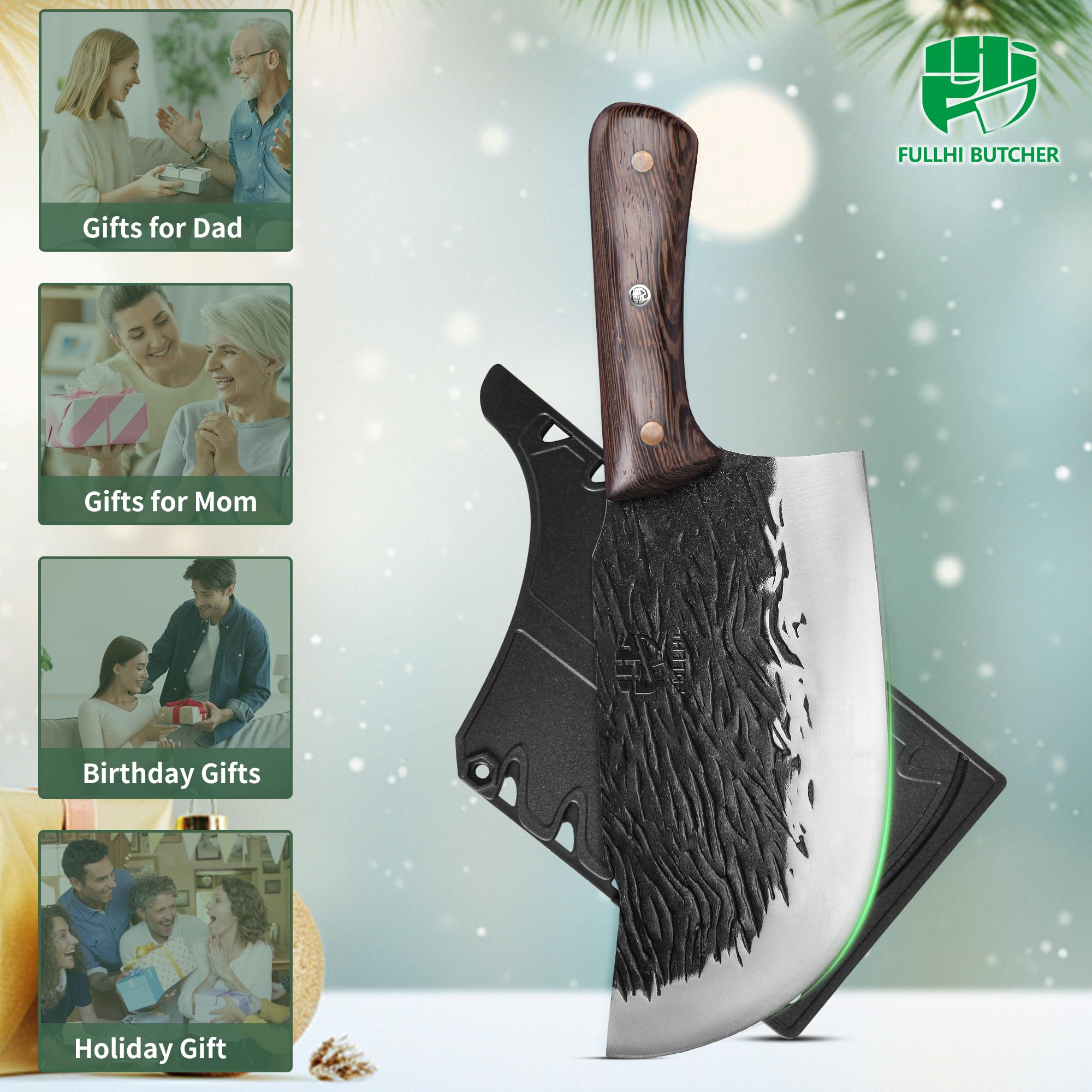 FULLHI Couperet à viande lourd en acier à haute teneur en carbone 21cm avec gaine