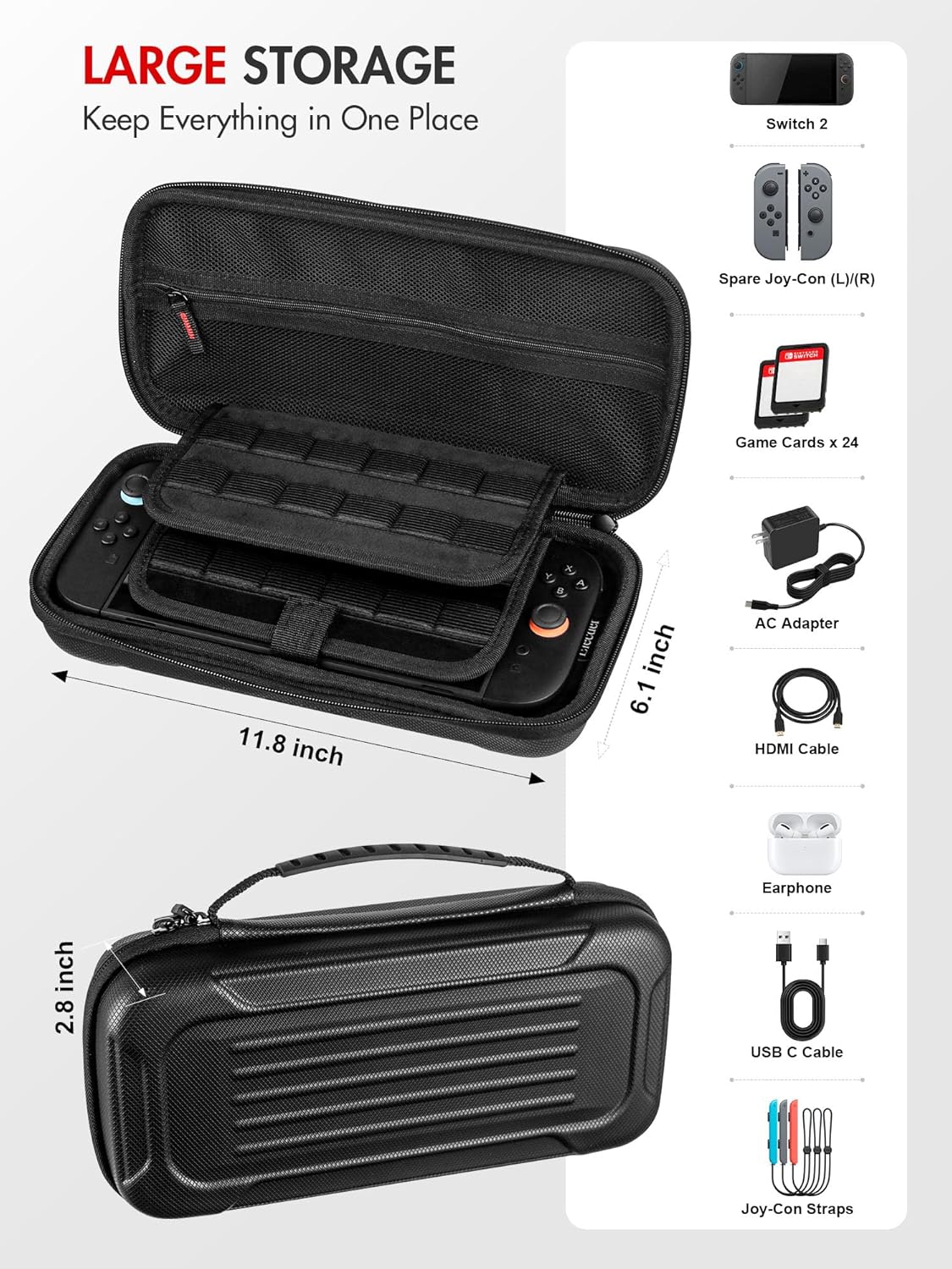 ELECDER for Nintendo Switch 2 Case Black - Protective Carrying Case with 24 Games Cartridges, 2 Screen Protectors, 2 Thumb Grip Caps, Hard Shell Carry Travel Pouch Bag for Console, Accessories - Image 6
