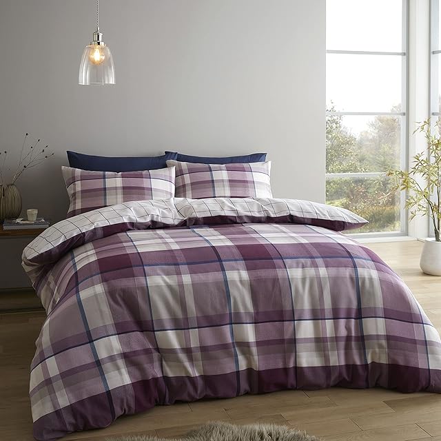Catherine Lansfield Bedding Brushed Check Single Duvet Cover Set with Pillowcases Plum