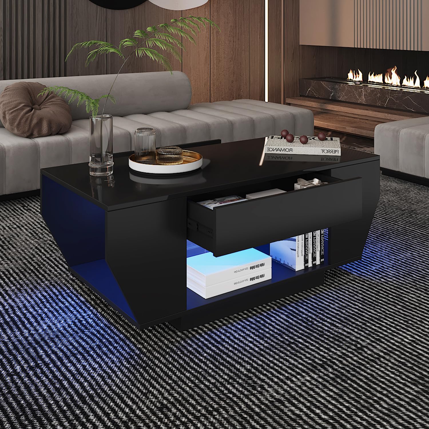 KEEPREAPER Couchtisch Wohnzimmertisch mit LED und 2 Schubladen Hochglanz
