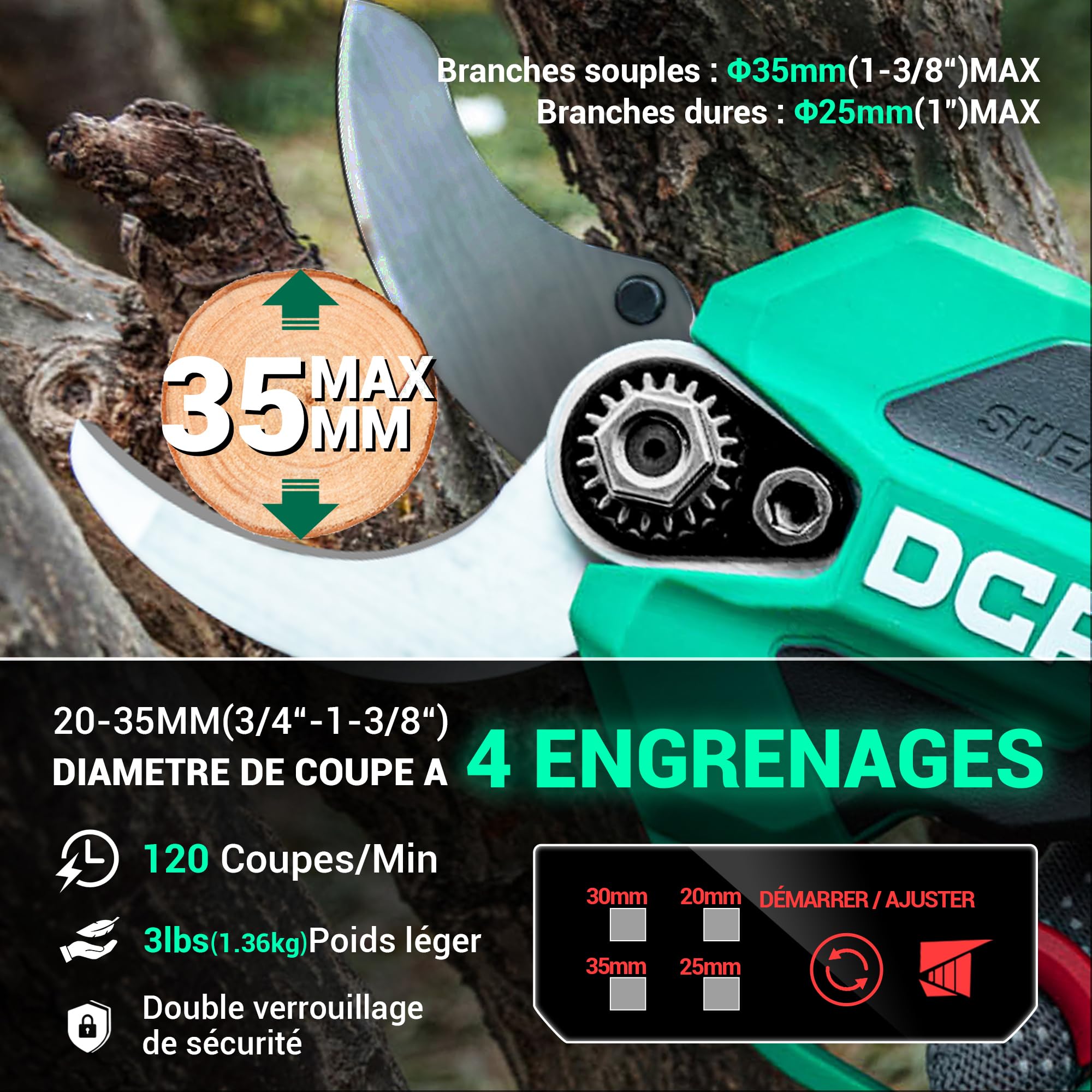 DCA Sécateur Électrique Sans fil 20V, max 35mm Secateur Electrique Moteur Sans Balais avec batterie 2,0Ah, lame SK5 avec étui de sécurité portable pour la taille jardinage vignoble arbres fruitiers