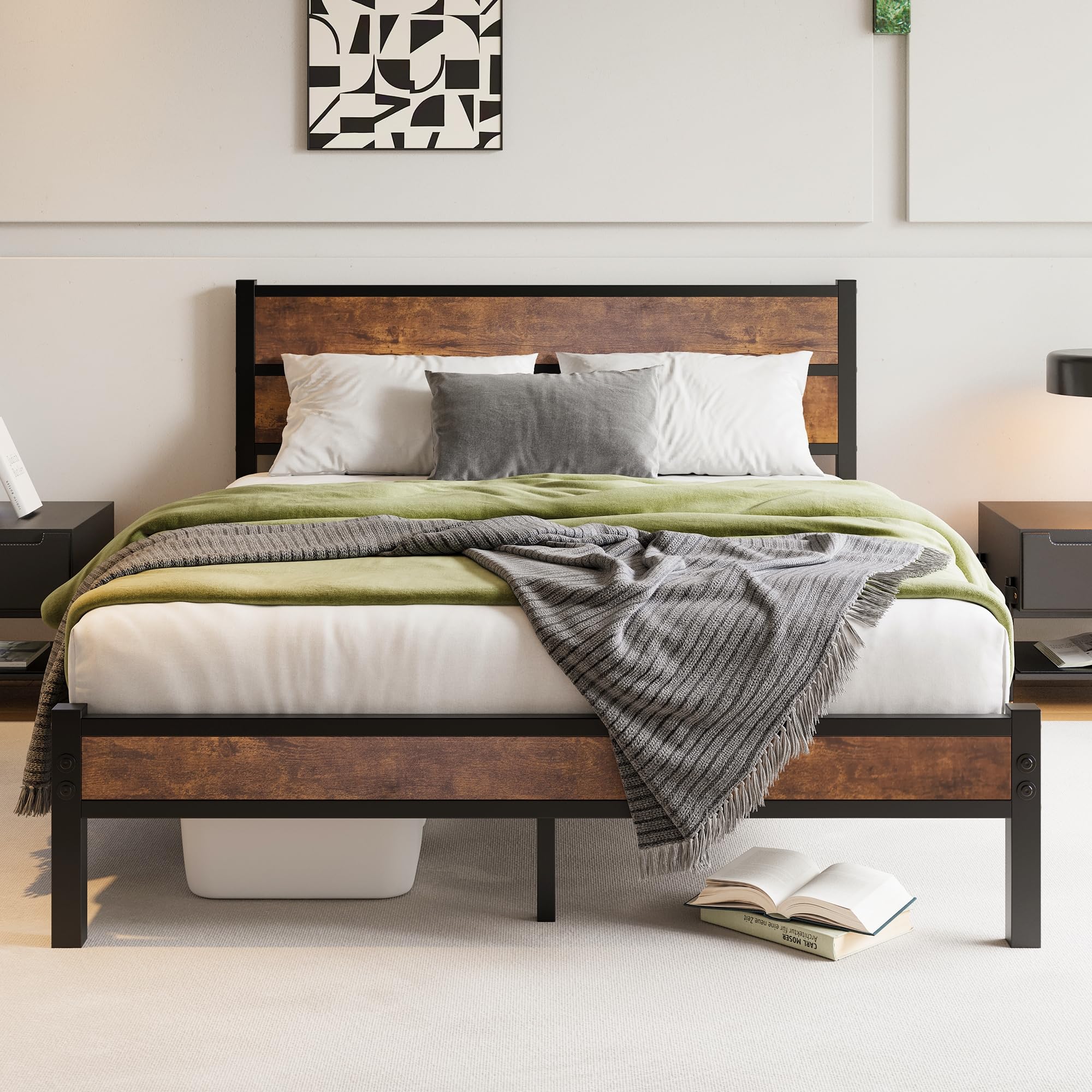 DUMEE King Size Bed Frame with Wooden Headboard Bed Frames King Size Under Bed Storage, No Box Spring Needed, Enhanced Support Noise Free (Black+Brown Oak) — image 1