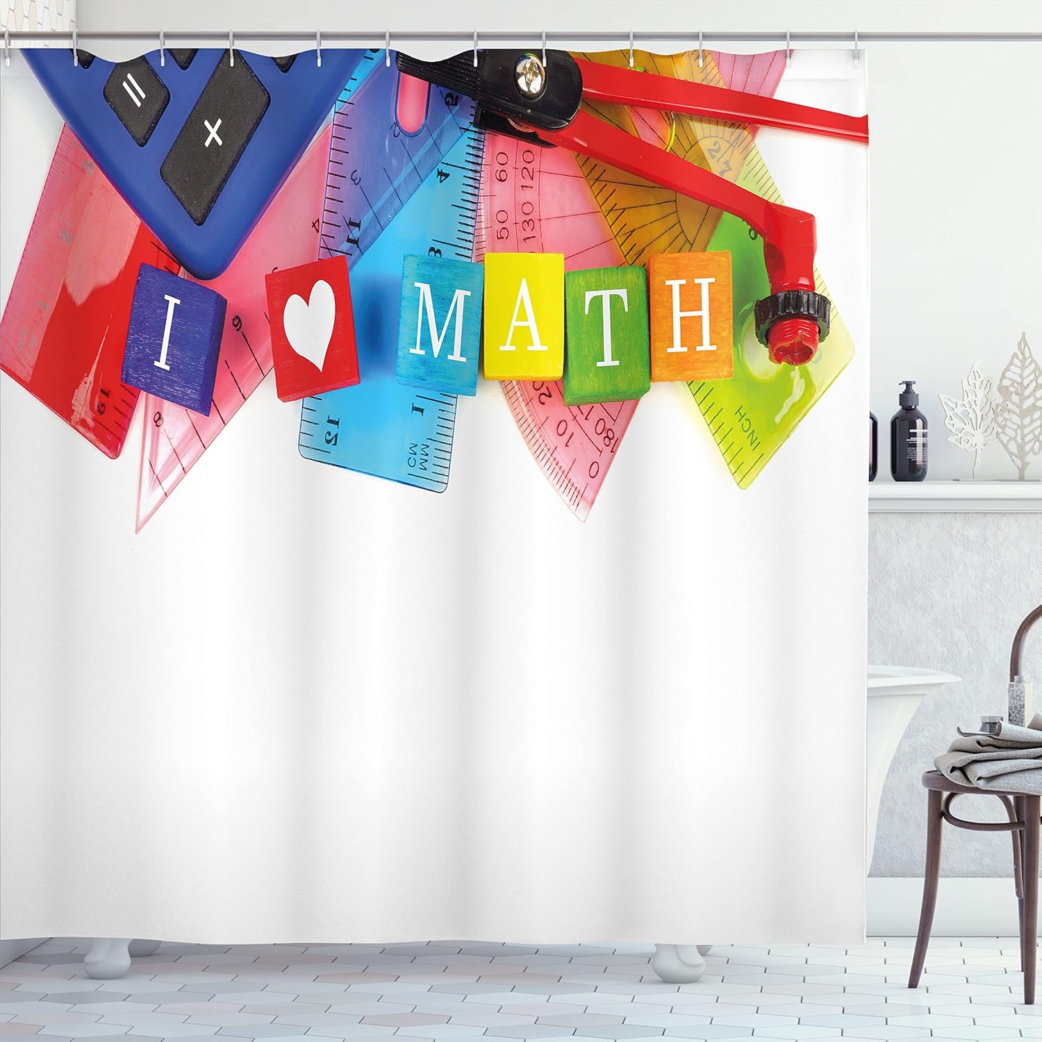 Ambesonne Mathematics Room Shower Curtain, I Love Math Theme Objects Heart Calculator Compass and Ruler, Cloth Fabric Bathroom Decor Set with Hooks, 69" W x 75" L, Rainbow