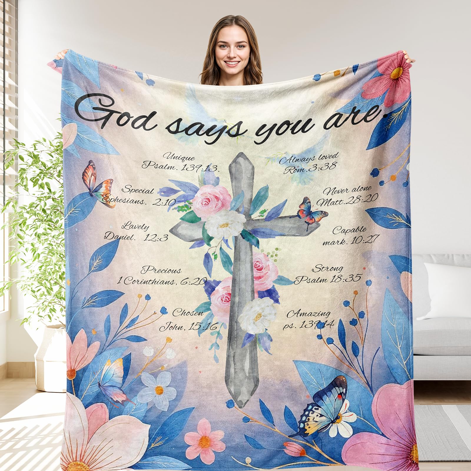 OHOIT Christian Inspirational Gifts for Women - Baptism Spiritual Blanket with God's Affirmation Message, Floral Cross - Religious Gifts for Women Faith, Birthday, Wedding, Christening 50"x60"