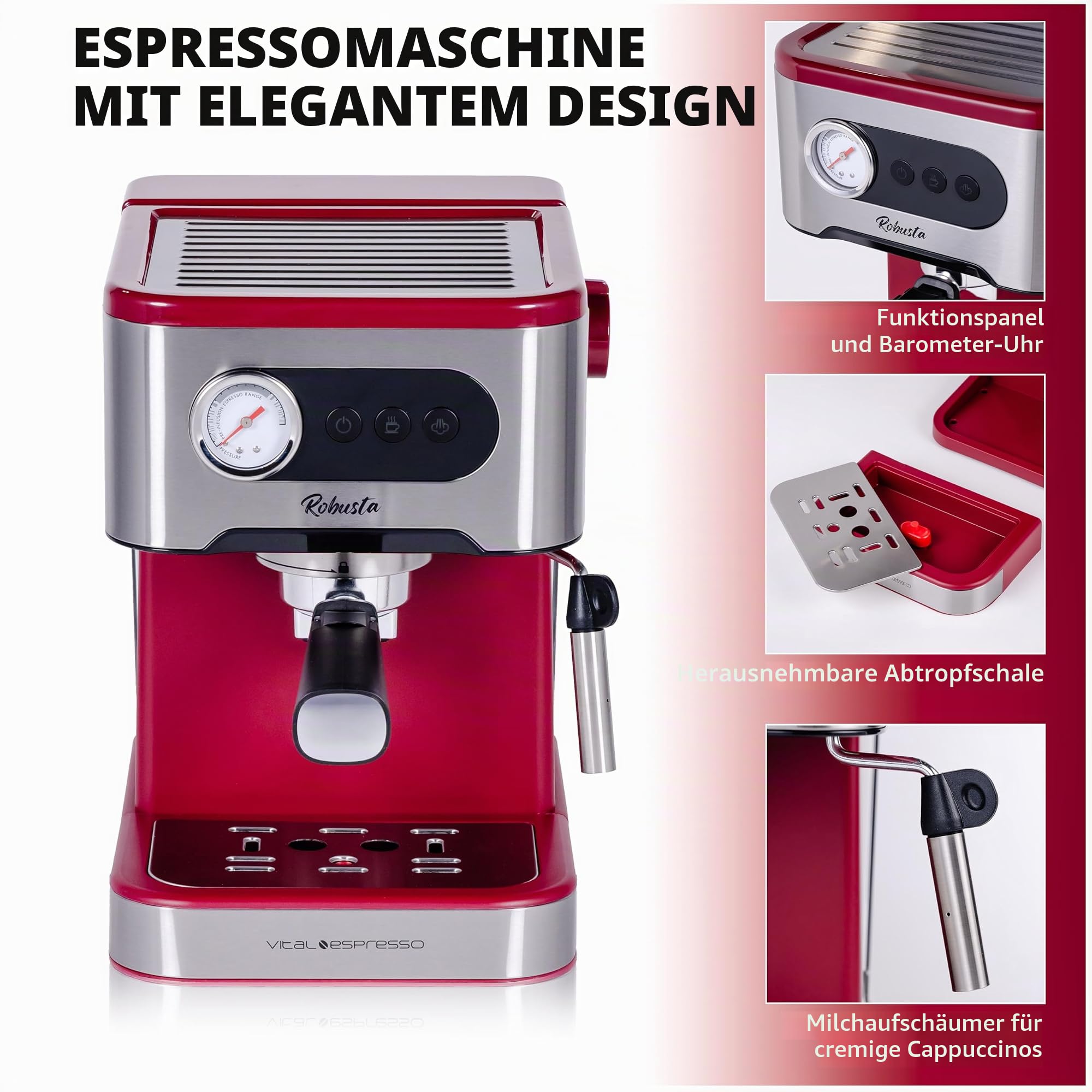 XSQUO Useful Tech Espresso- und Cappuccino-Kaffeemaschine, 1350 W, 20 bar, schwenkbarer Dampfgarer, Thermoblock-System für schnelles Aufheizen. Vital Espresso Robusta.