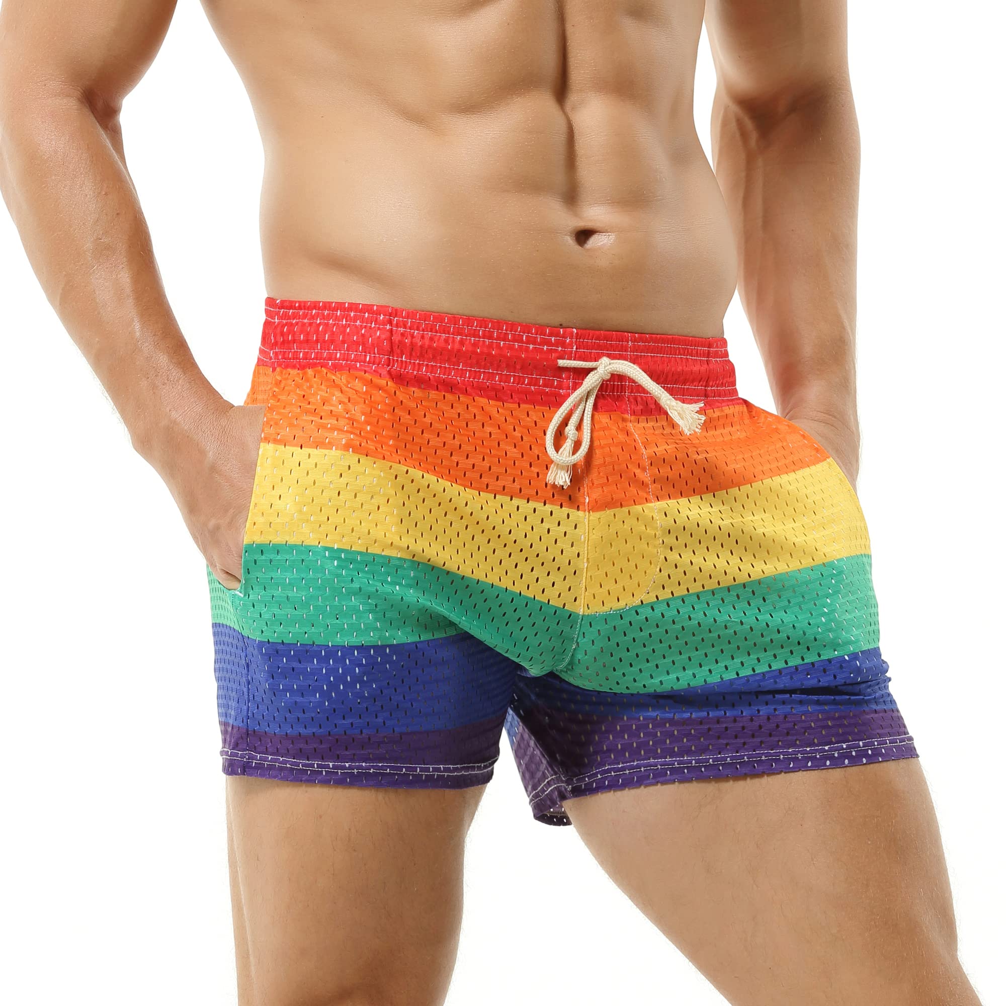 Mens Rainbow Fishnet Boxers Shorts Trunks See Through Running Shorts with Drawstring Activewear Novely Athletic Shorts