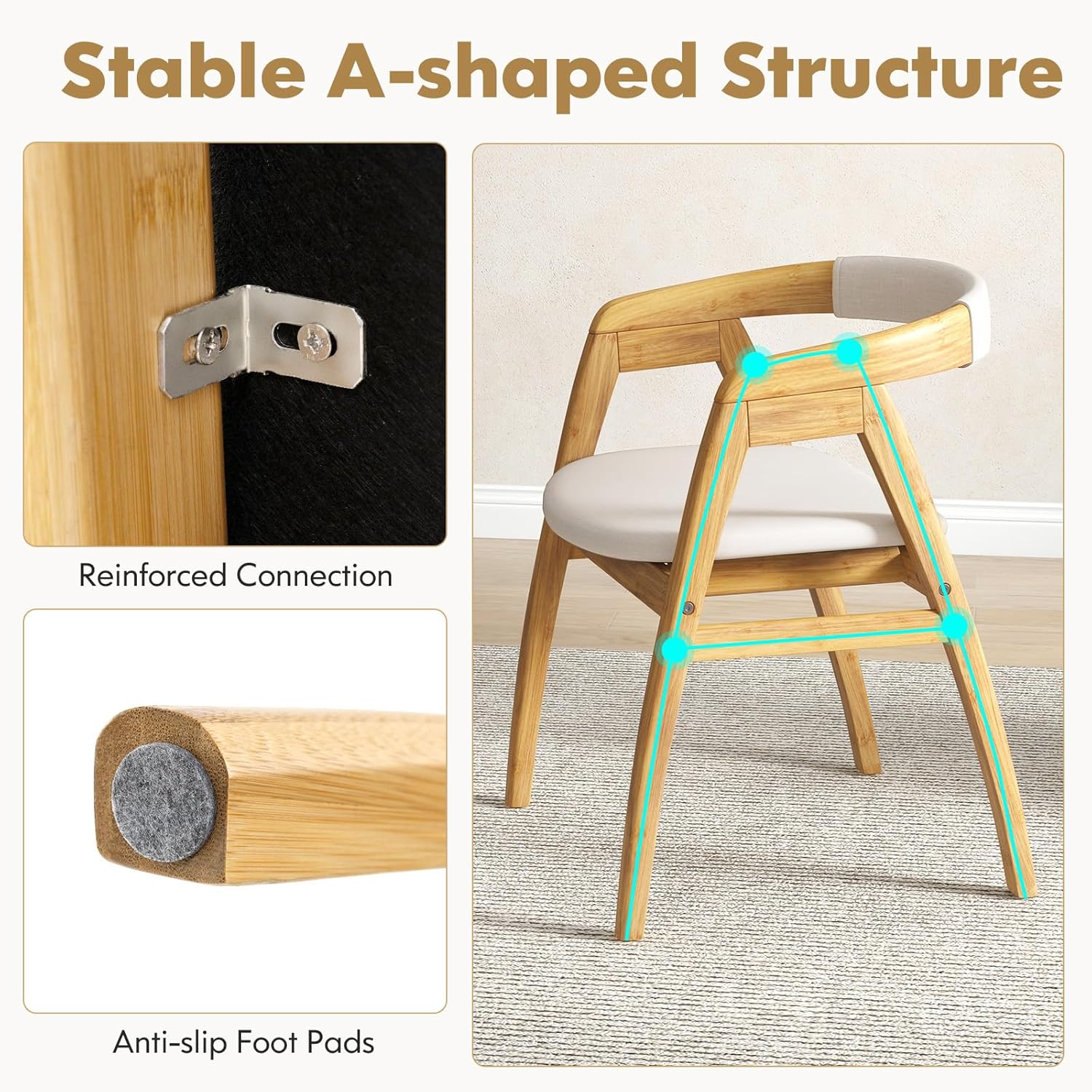 GOFLAME Bamboo Accent Chair Set of 2, Mid-Century Modern Armchair with Curved Backrest & Seat Cushion, Upholstered Reading Chair, Leisure Chair for Living Room, Bedroom, Study, Natural