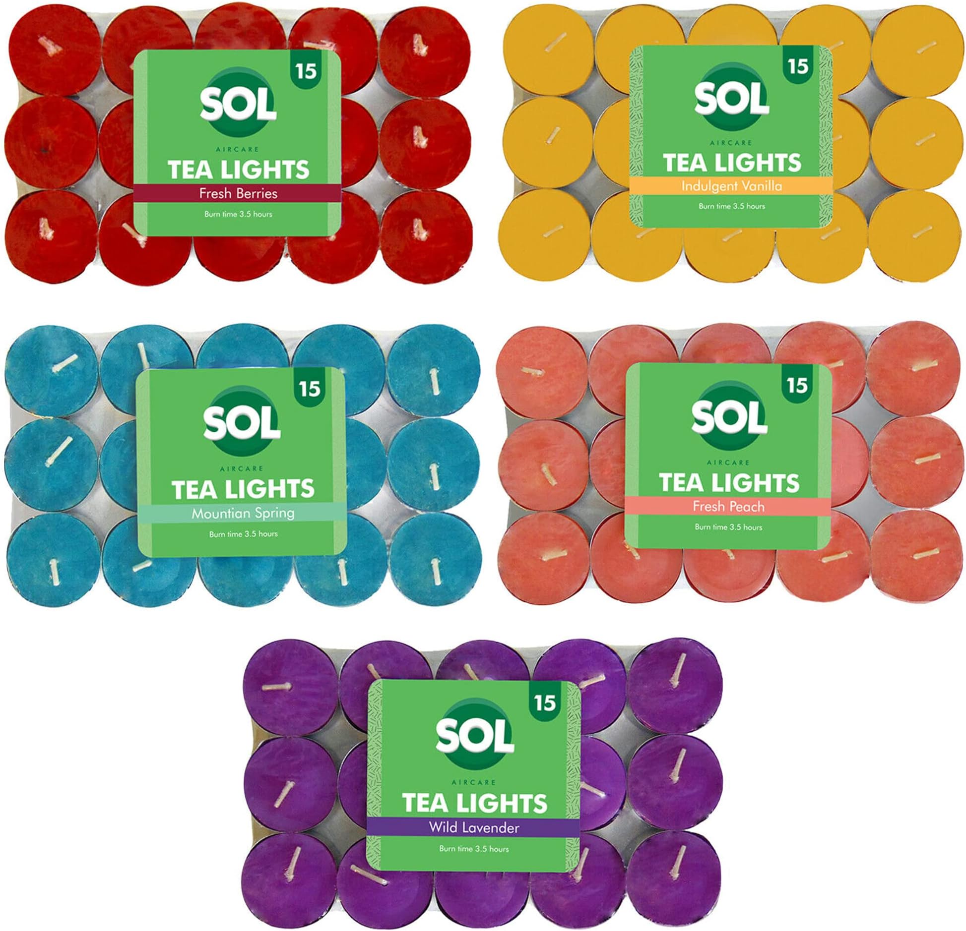 SOL 60pk Mixed Tea Lights Candles Scented Long Burning – 3.5 Hour Burn Time Tealights, Wild Lavender, Fresh Peach, Mountain Spring, Fresh Berries for Home, Spa, Weddings, Anniversaries & Cosy Evenings