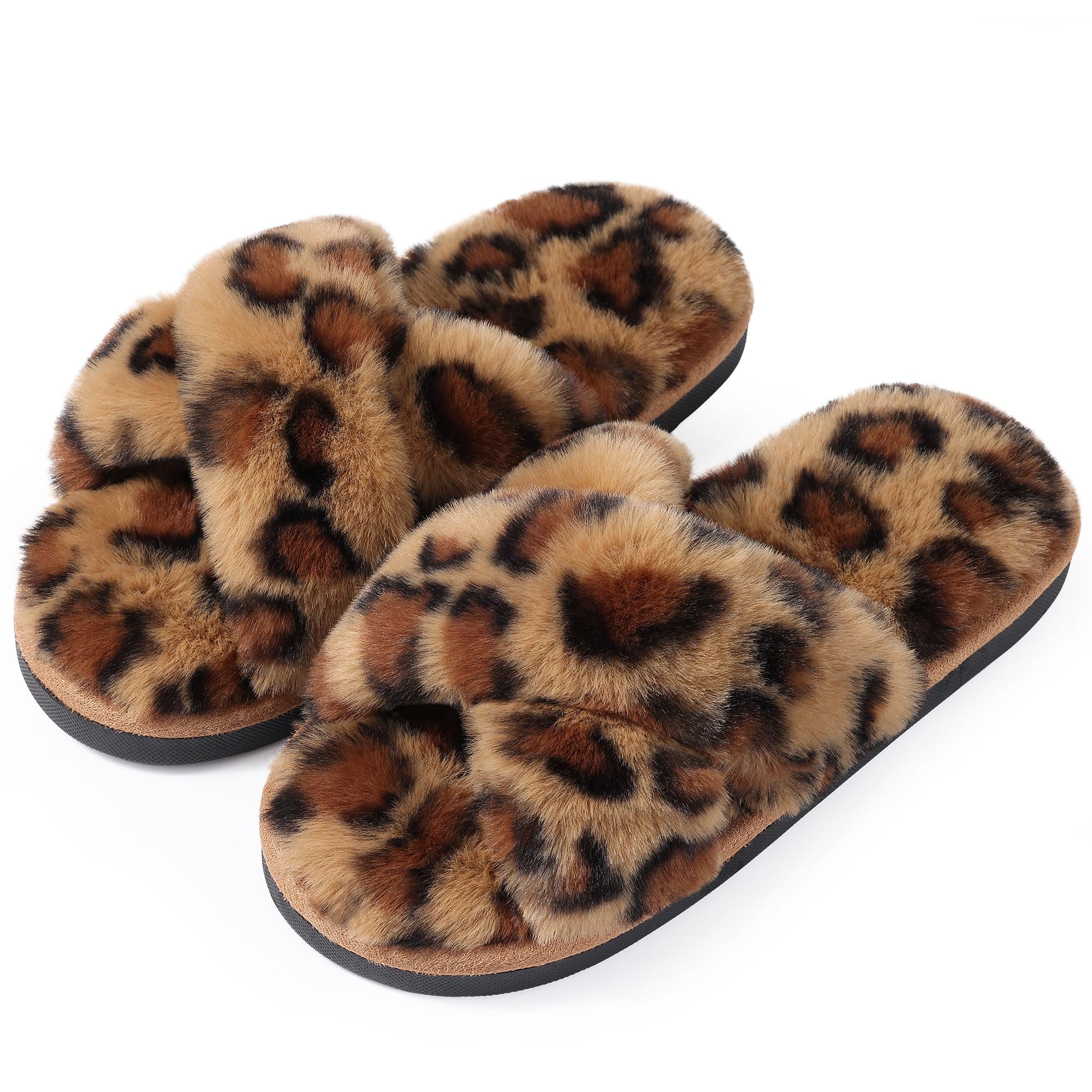 Evshine Women's Fuzzy Slippers Cross Band Memory Foam House Slippers Open Toe