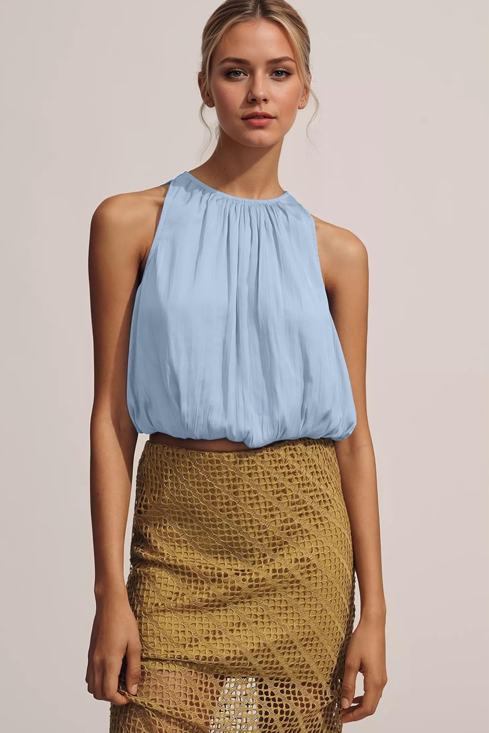 Ythomm Women’s Halter Crop Bubble Tops Summer Sleeveless Crewneck Puffy Hem Cropped Tank Tops Fitted Cute Going Out Shirt Top - Image 2