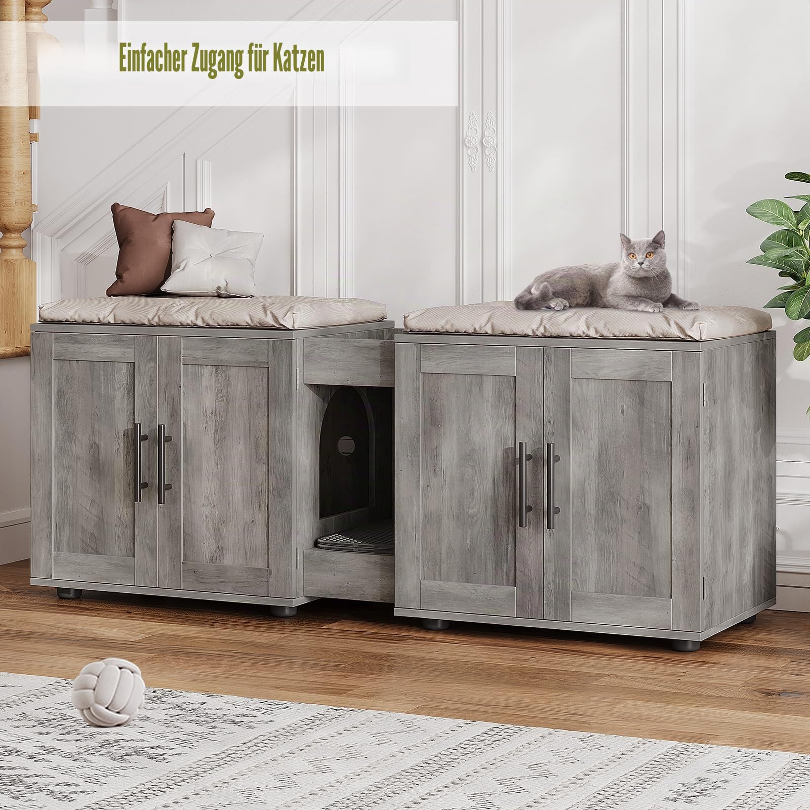 Katzenklo-Schrank, Katzenschrank, 3 in 1 Versteckter Katzentoilette Mit Tür Trennwand Kratzmatte, Katzenhaus Für Große Katzen Unter 10 kg, MDF, Wohnzimmer, Schlafzimmer, 140x45x57cm, Grau