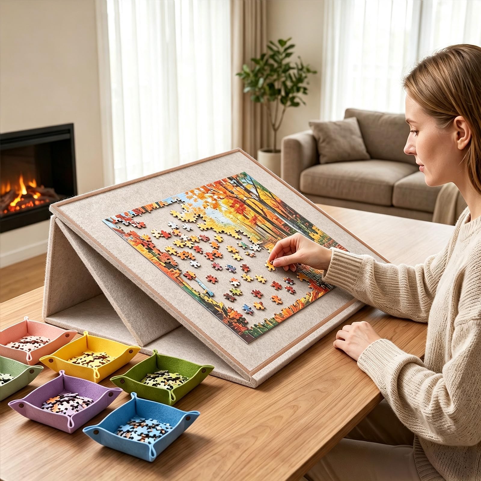 Plateau de Puzzle Pliable 1000 Pièces avec 6 Bols de Tri Colorés, Couverture 2-en-1 et Support de Puzzle, Camel