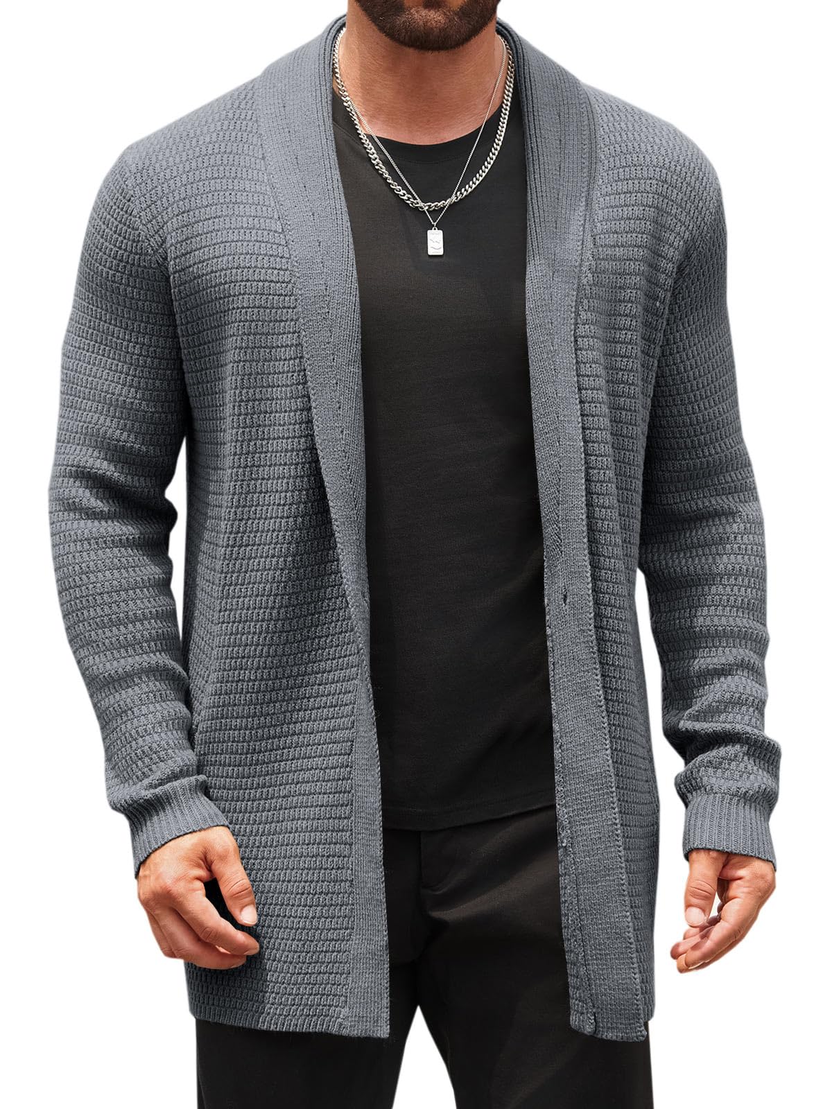 Mens Cardigan Sweater Shawl Collar Cable Knit Cardiagn Long Winter Open Front Sweaters with Pockets-image-13