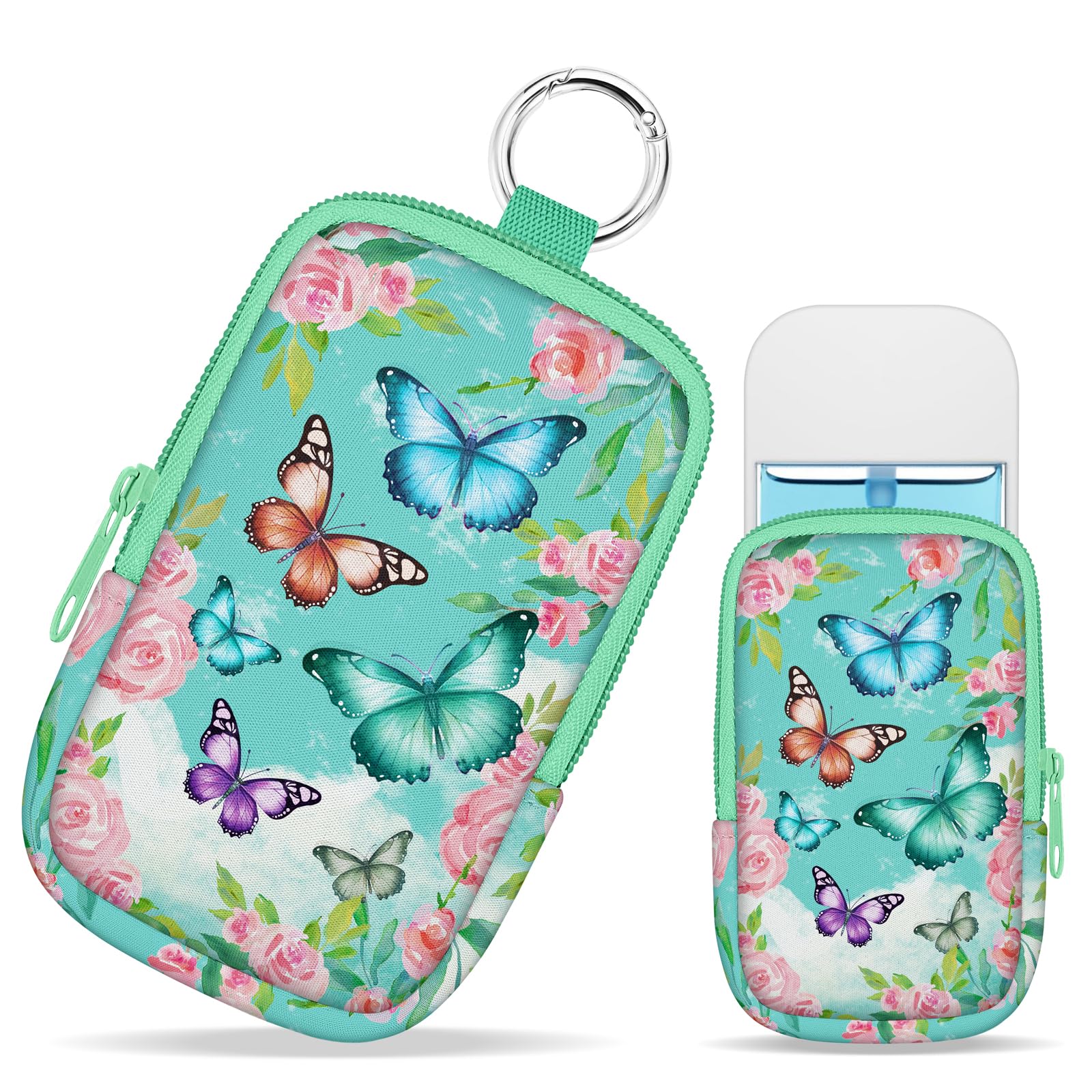 Mcapirivo Butterfly Floral Hand Sanitizer Spray Case, Cute Hand Sanitizer Holder Zippered Pouch, Fashion Accessory with Snap Hook for Glow Mist and