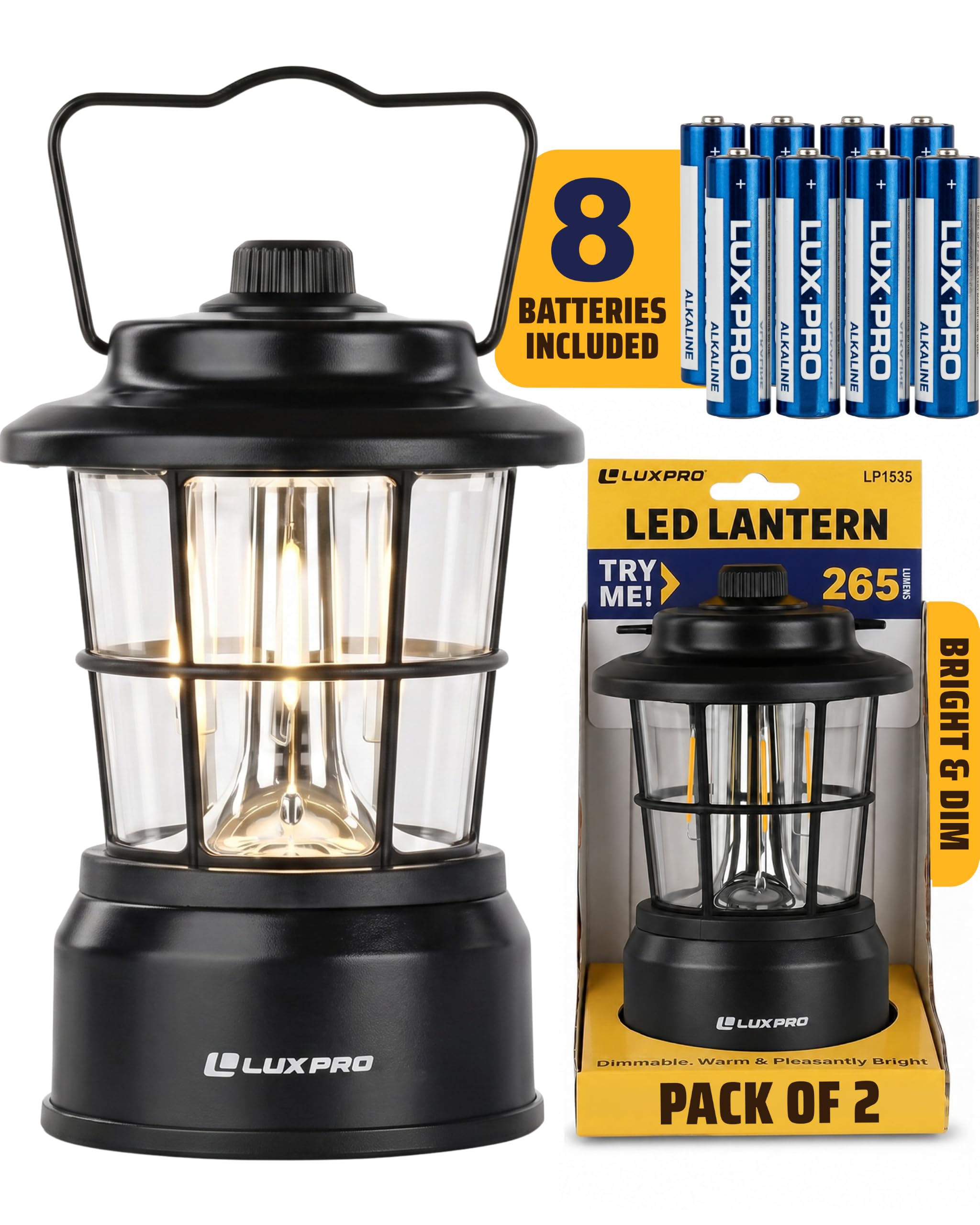 LUXPRO Retro LED Laterne - Batteriebetriebene Notfalllaterne - Wasserabweisend - Helle LED-Lampe für Innen & Außen - Verwendung für Zelte, Wandern oder Hurricane Prep (Schwarz, 2 Stück)