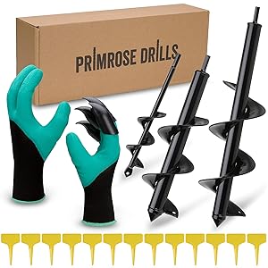 PRIMROSE DRILLS Auger Drill Bit Set for Planting - Garden Spiral Hole Drill Planter, Bulb & Bedding Plant Augers, Post or Umbrella Hole Digger for 3/8” Hex Drive Drill