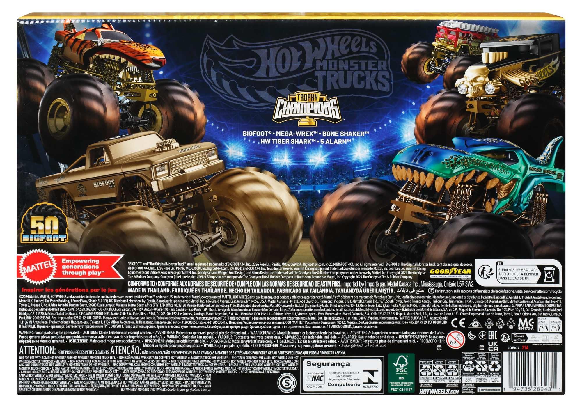 Hot Wheels Monster Trucks Campeones de trofeo Colección de coches y camiones, con vehículos metálicos: Bigfoot, 5-Alarm, Bone Shaker, Mega-Wrex y Tiger Shark, además de seis coches, JDW07