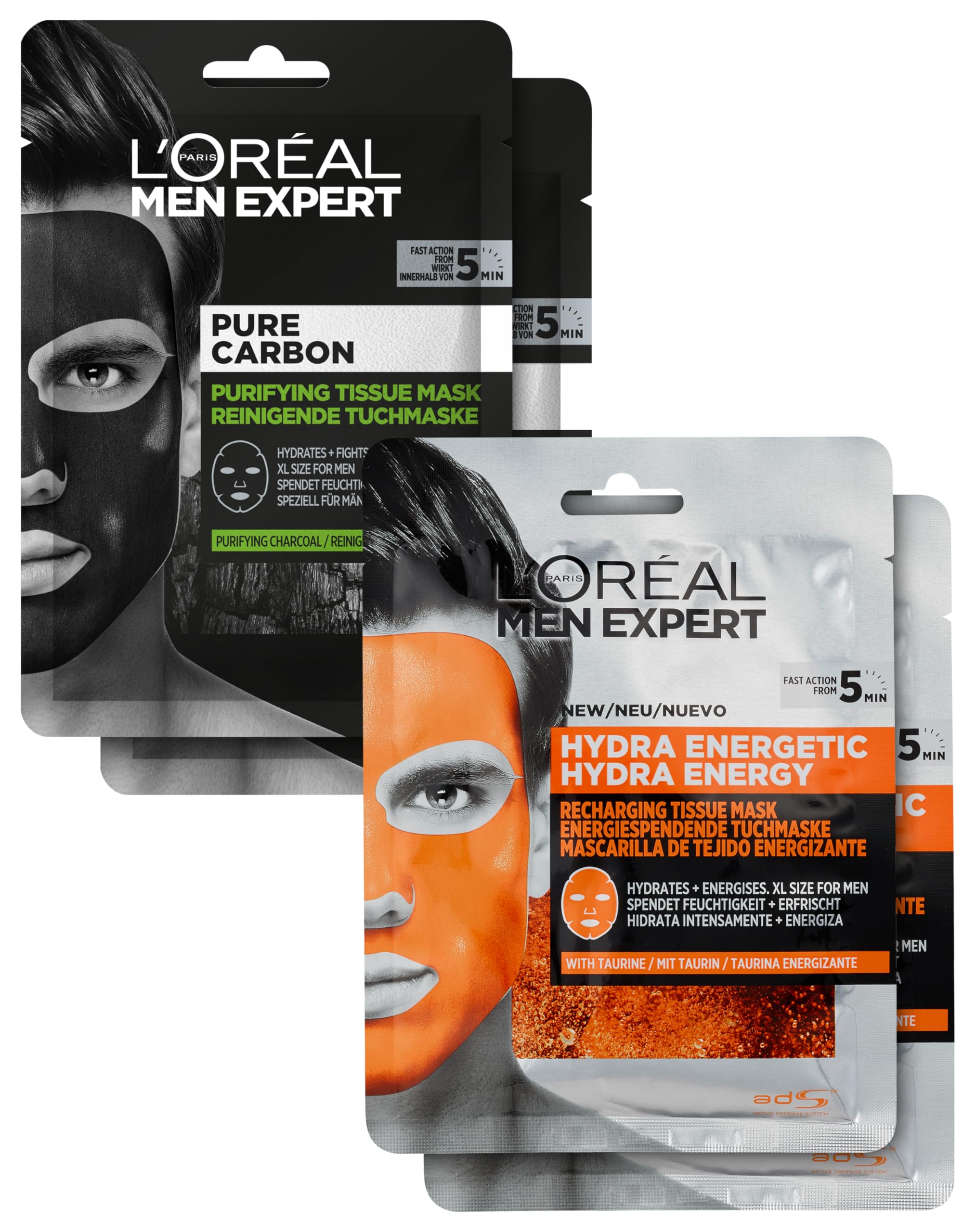 L'Oréal Men Expert Hydra Energy Pure Carbon, 4 sztuki w zestawie, nawilżające maseczki na twarz przeciwko wągrom i pryszczom, zestaw upominkowy do pielęgnacji twarzy dla mężczyzn, Hydra Energy Pure