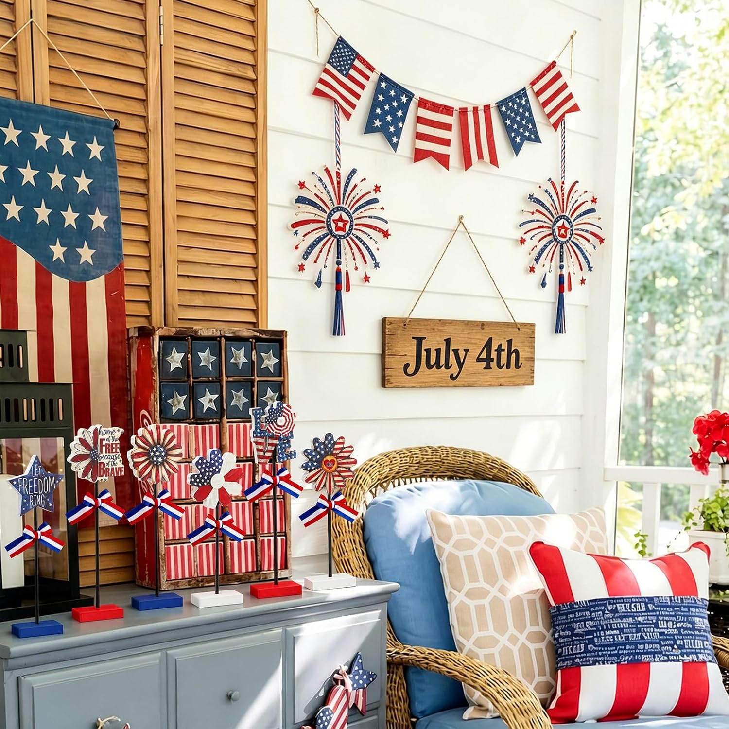Novabright 6 Pcs 4th of July Table Decoration Patriotic Tiered Tray Decorations for 250th Anniversary Wooden Vintage Rustic Star and Daisy 4th of July Red White and Blue Tabletop Decor for Home